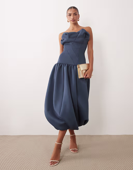 scrunched bandeau bubble hem midi dress in denim blue scuba-style fabric