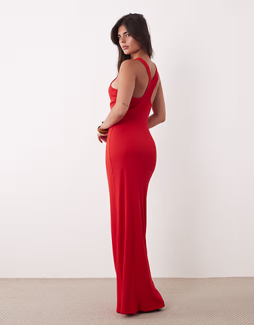 rib knit racer back maxi dress in red