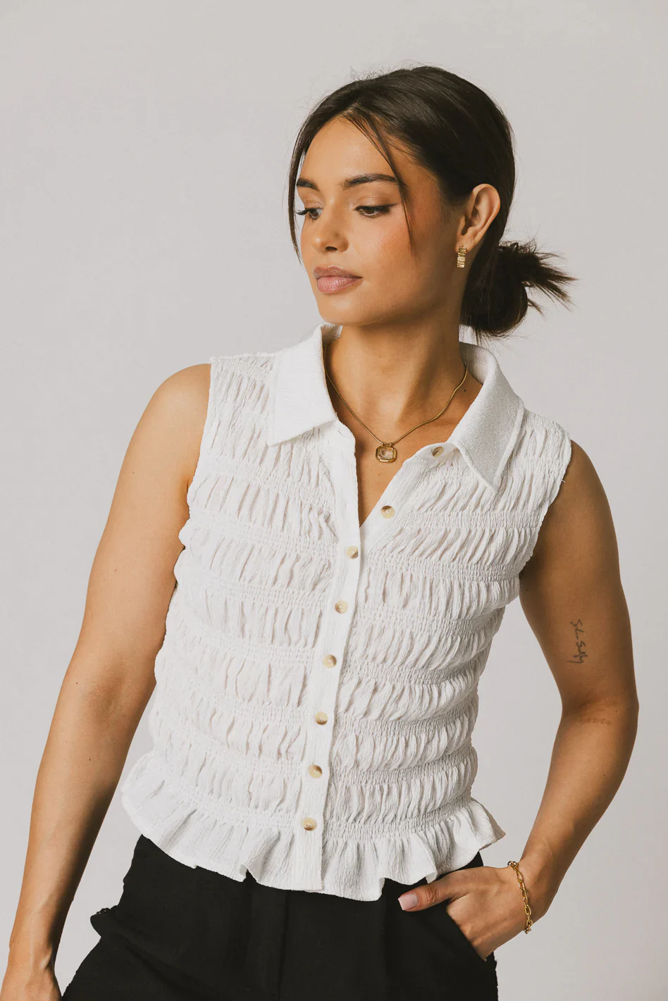 Russel Smocked Button Up in White