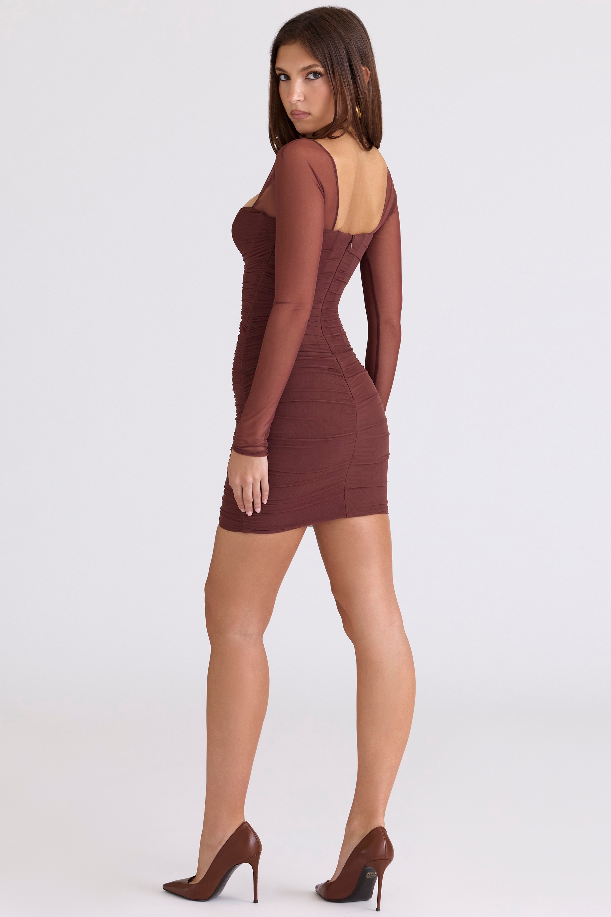 Mocha Mesh Long Sleeve Mini Dress