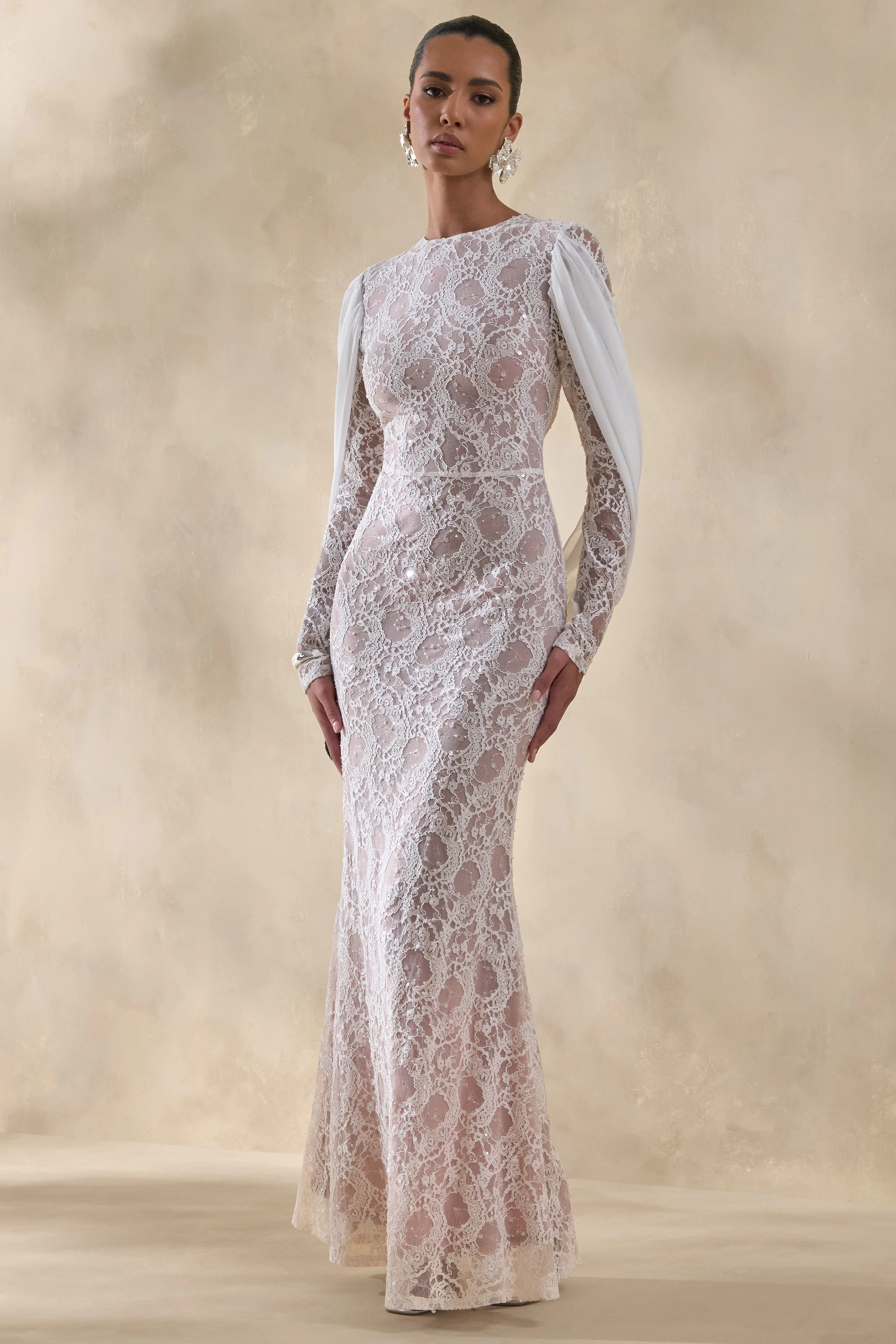 Nabina | White Lace Crew-Neck Maxi Dress With Draped Back-Detail