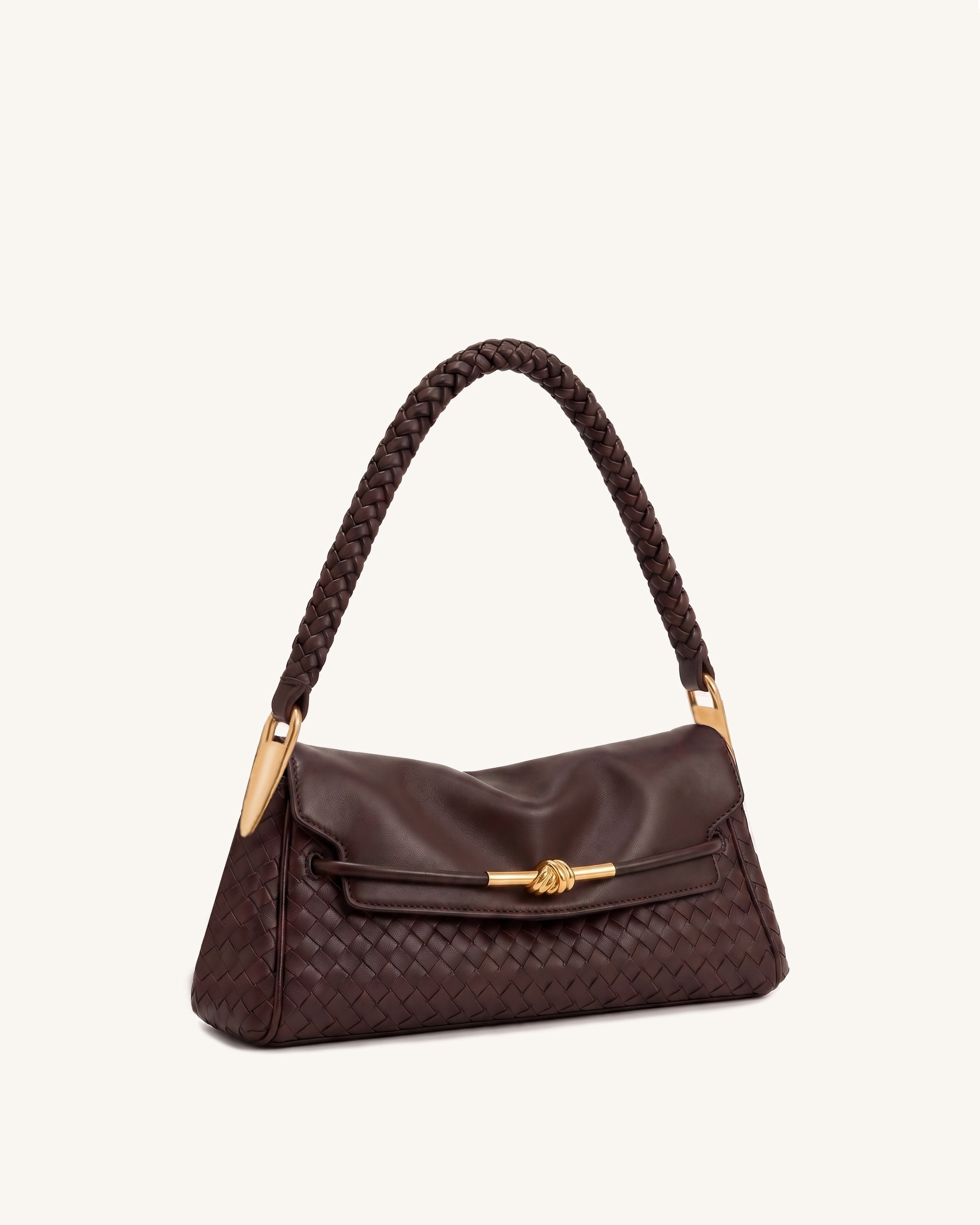Lena Metal Rope Knot Woven Shoulder Bag - Dark Brown