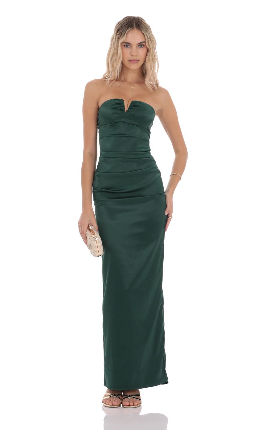 Satin V-Strapless Maxi Dress in Green