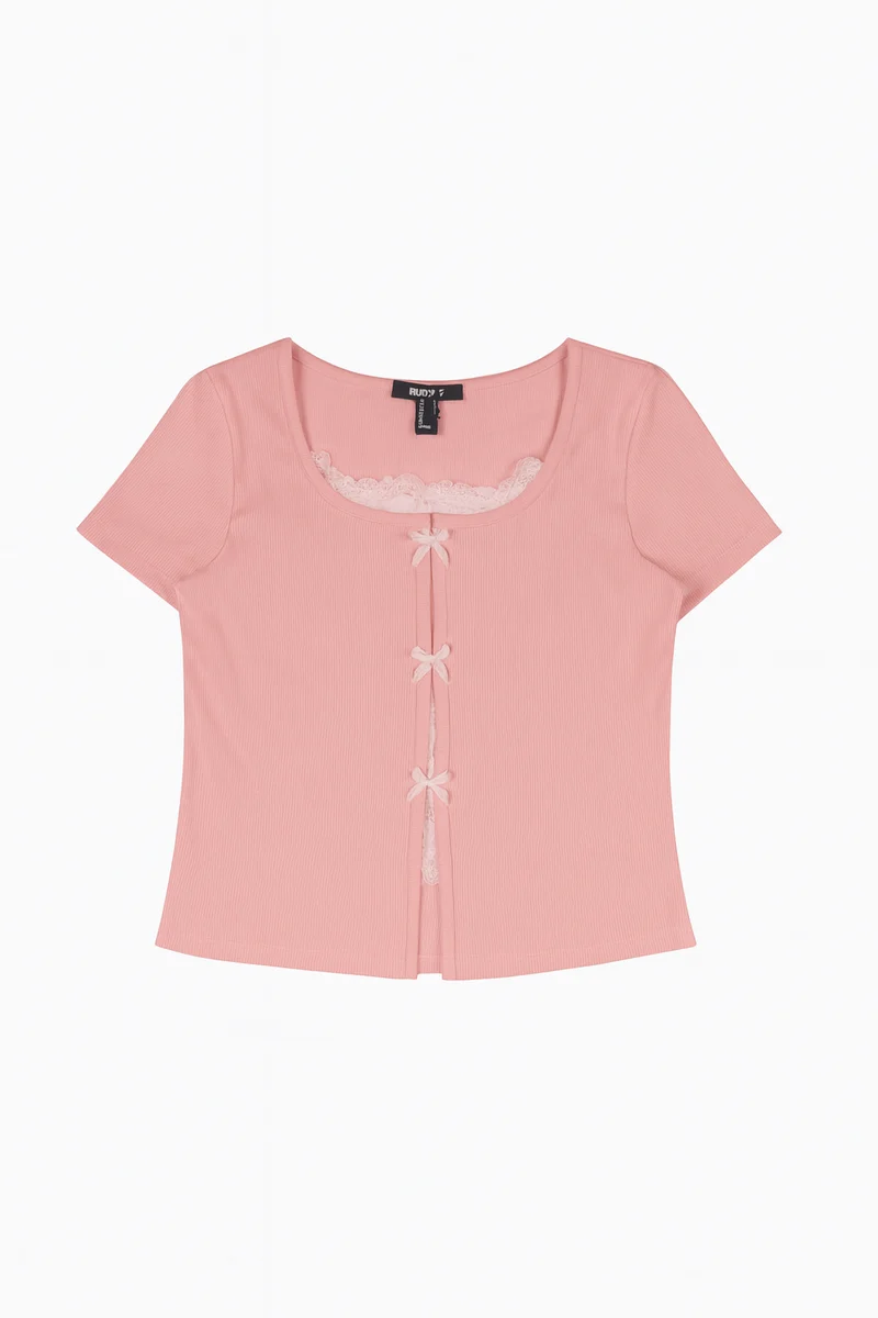 Ribbed Lace-Trim Bow Top