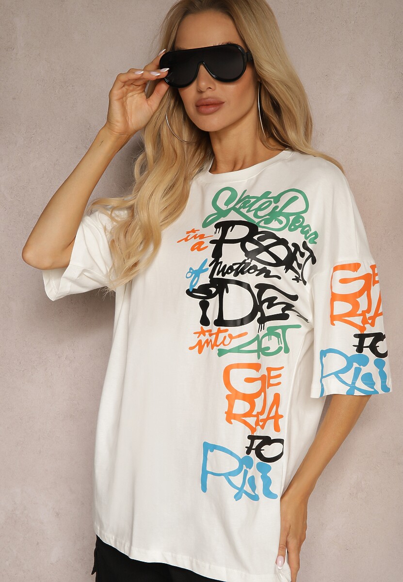 Biała Koszulka T-shirt z Napisami w Stylu Graffiti z Bawełny Venoma