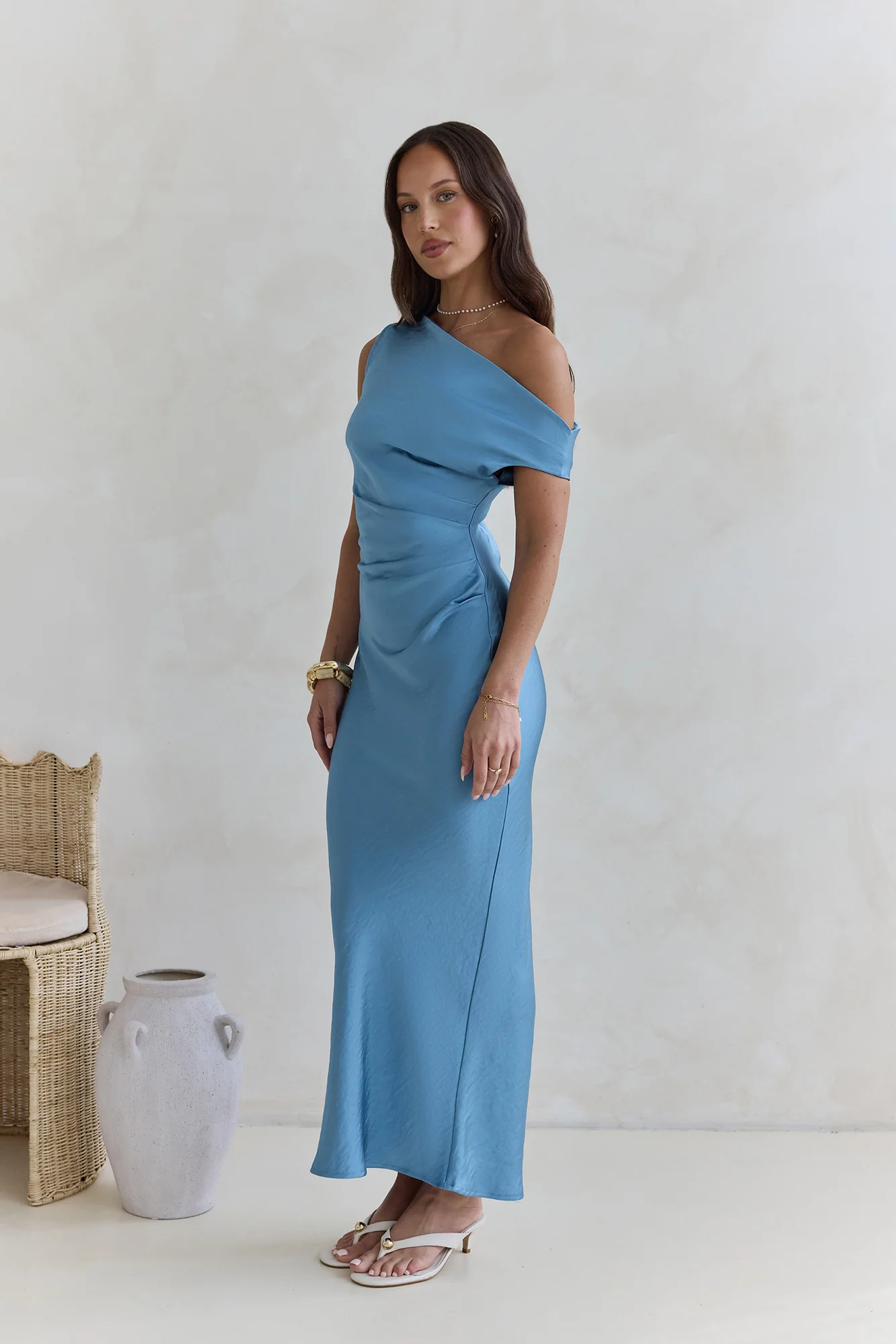 Noir Evenings Off Shoulder Satin Maxi Dress Blue - luluinthesky