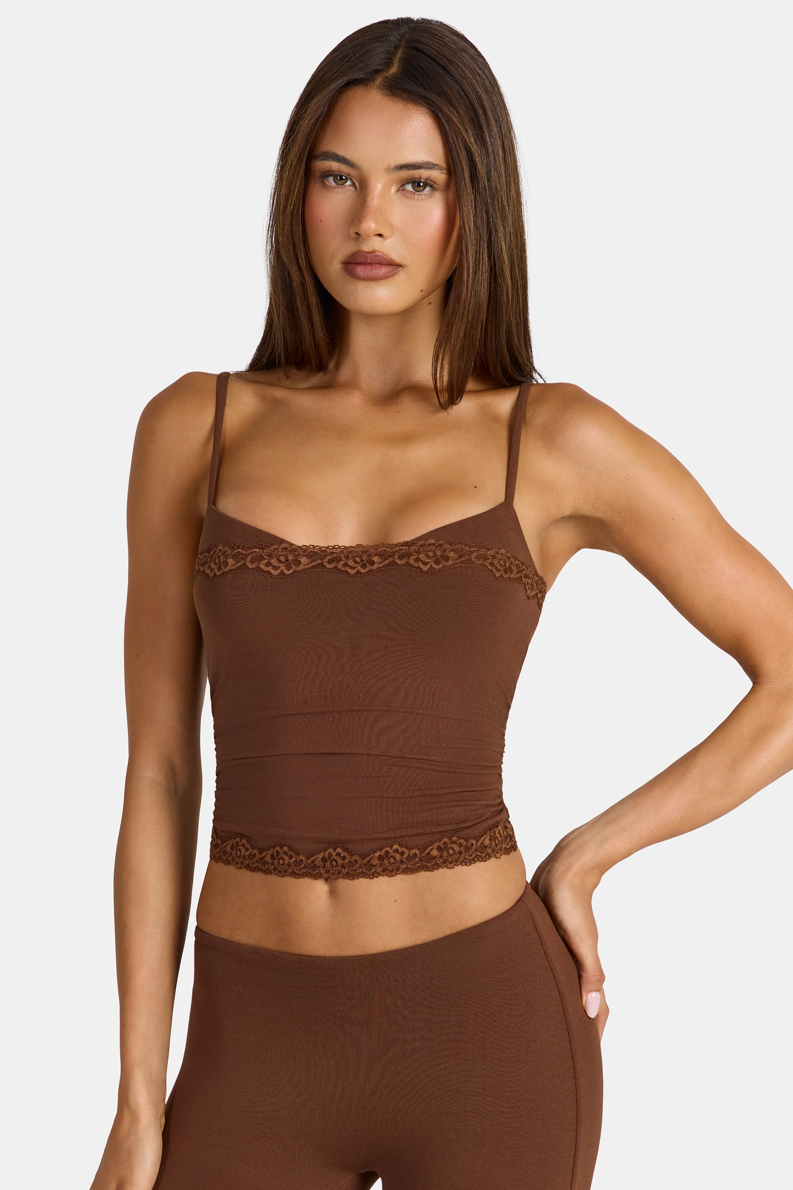 Modal Lace-Trim Peekaboo Tank Top in Cocoa Brown