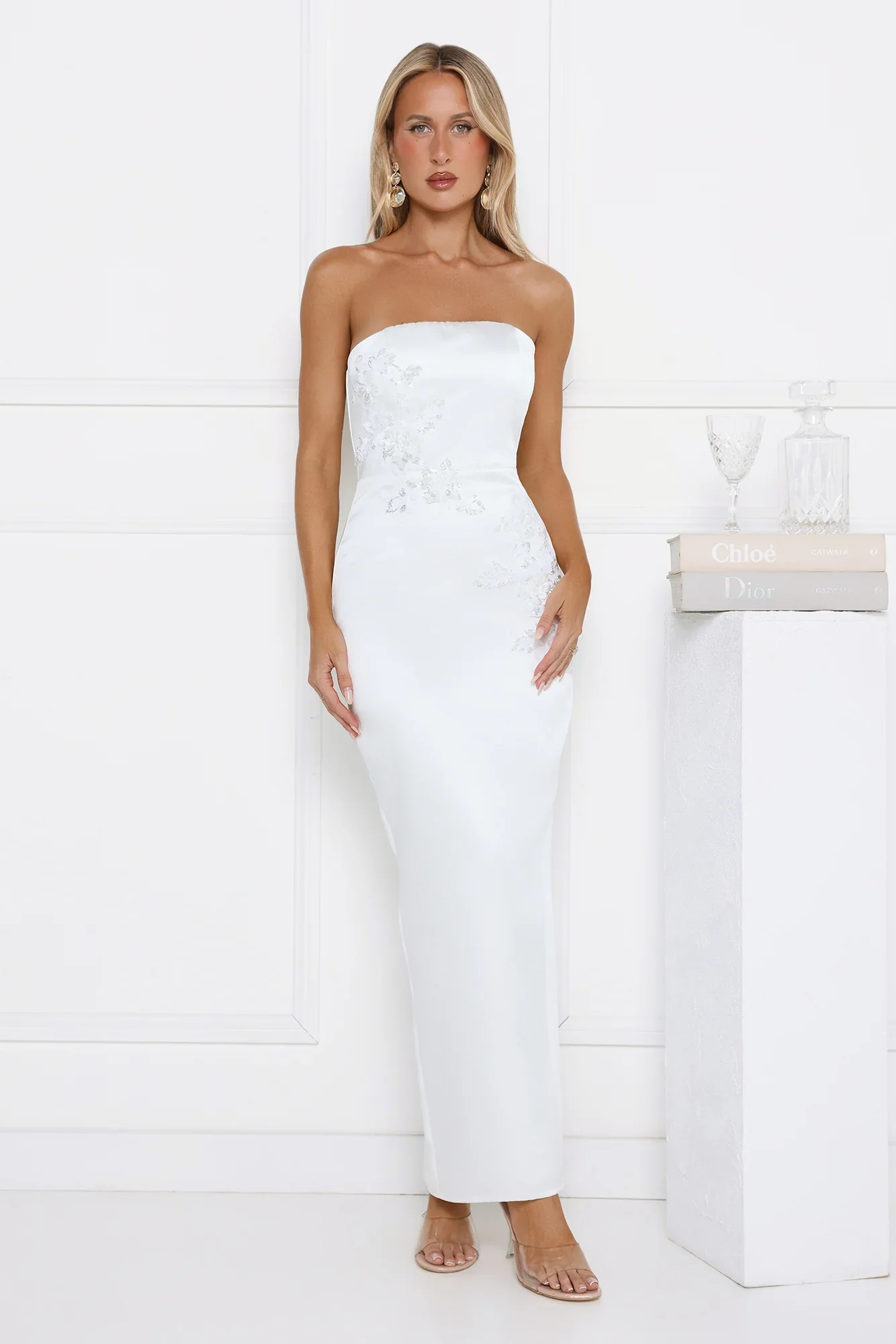 Dusk Desire Strapless Embellished Maxi Dress White - luluinthesky