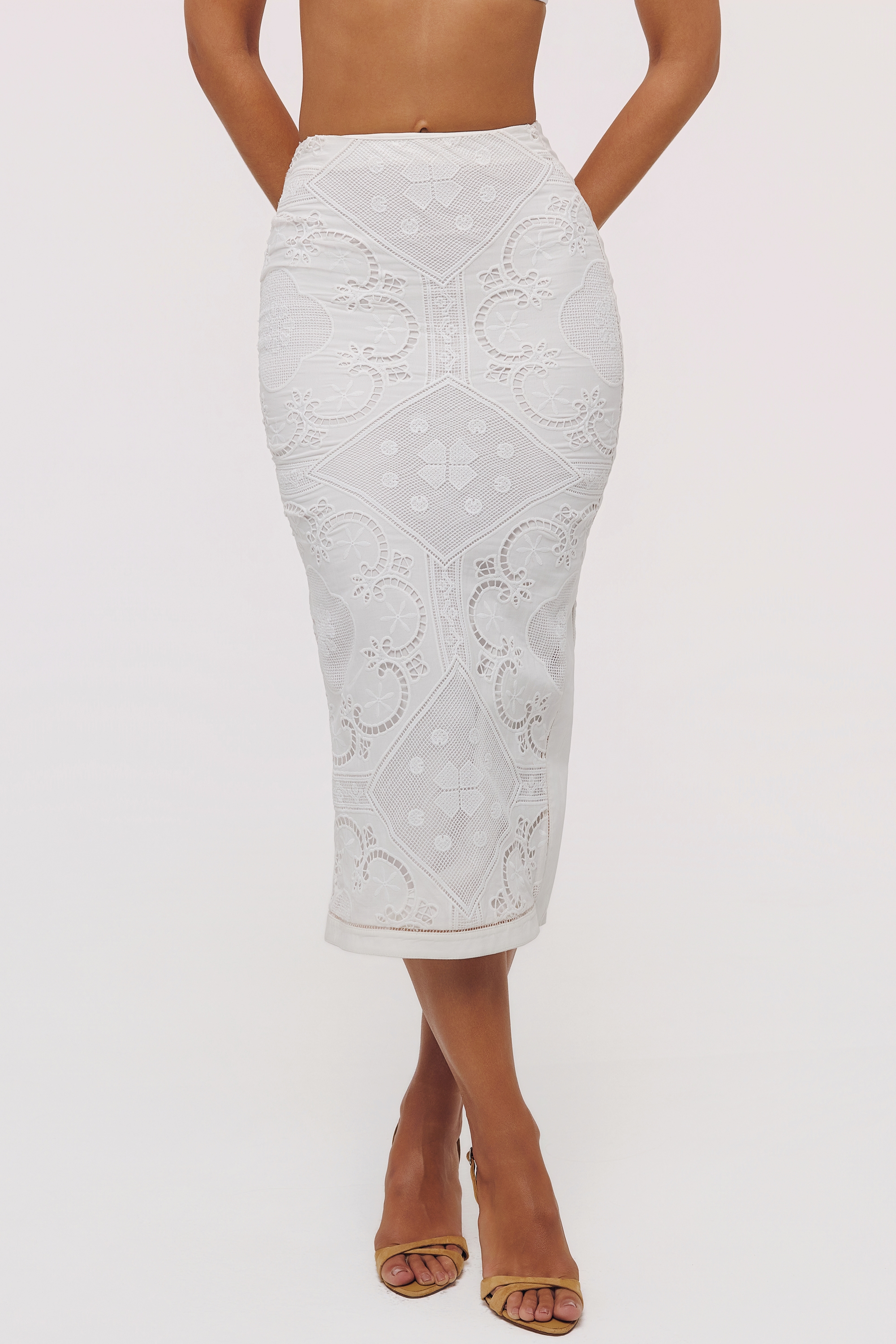 White Cotton Placement Lace Broderie Anglaise Midi Skirt