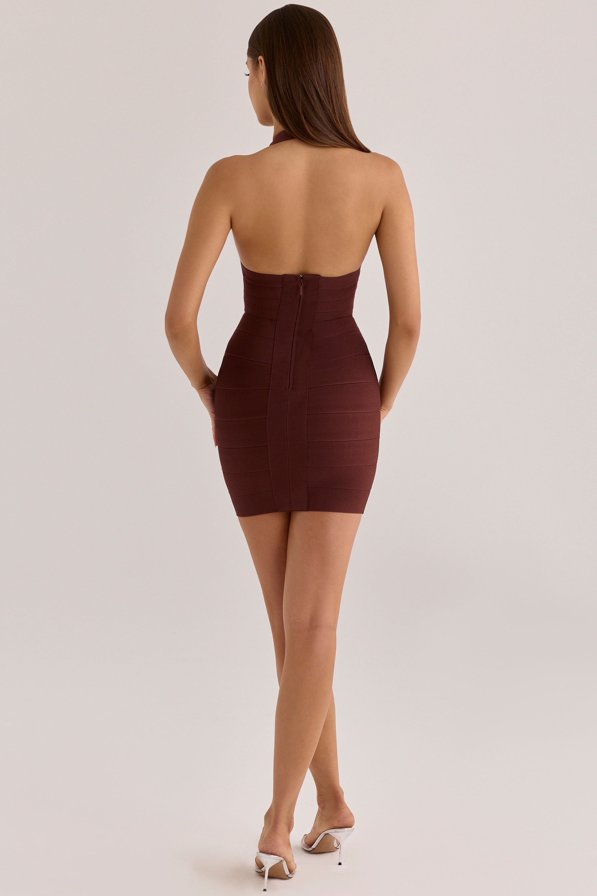 Burnt Sugar Deep V Halter Mini  Bandage Dress