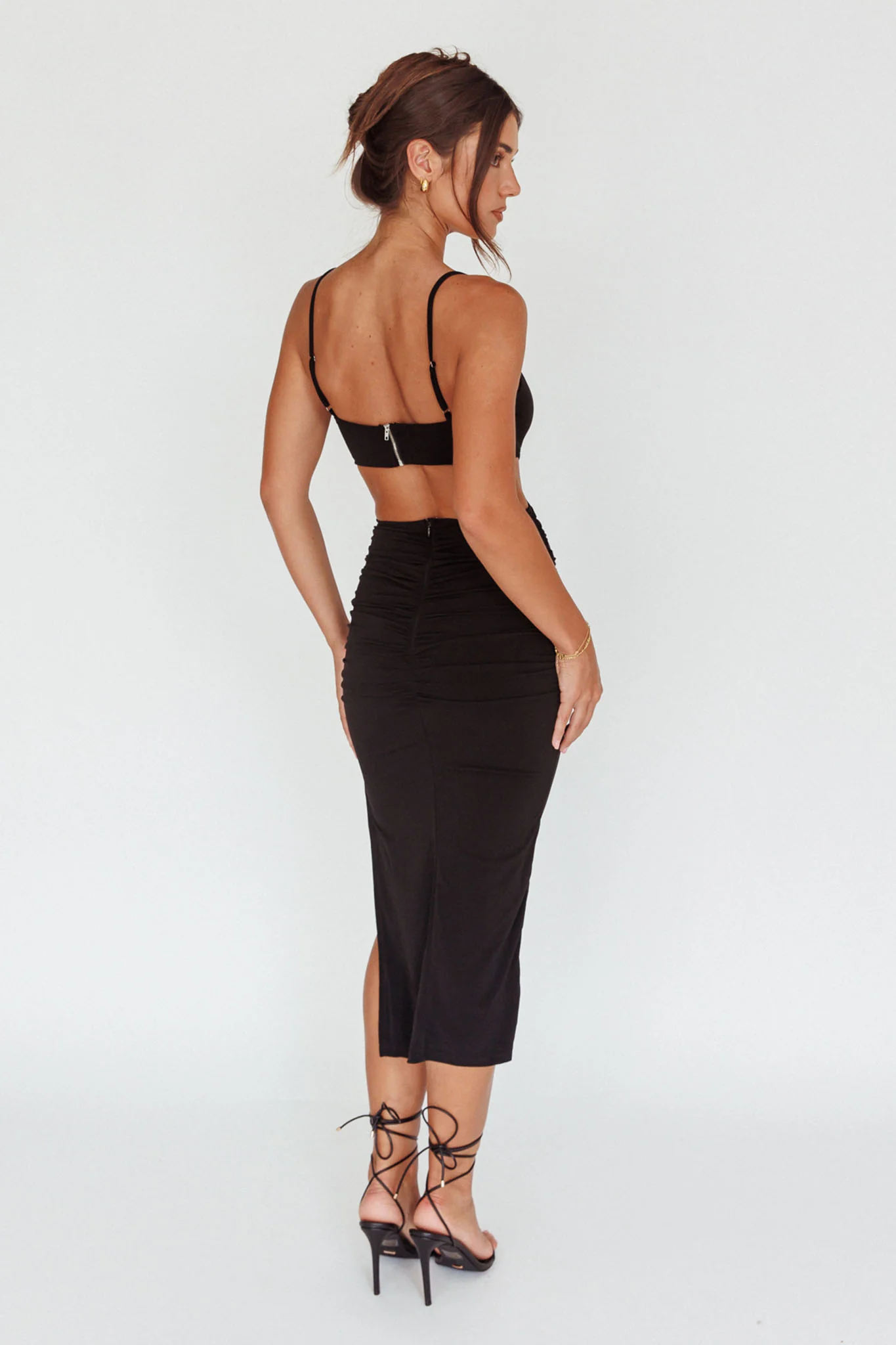 Mary Jane Gathered Bust Tie Back Midi Dress Black