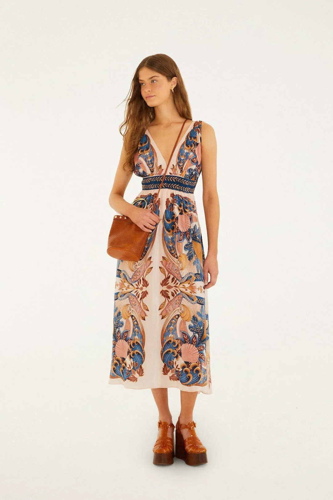 Soft Pink Garden Scarf V Neck Midi Dress