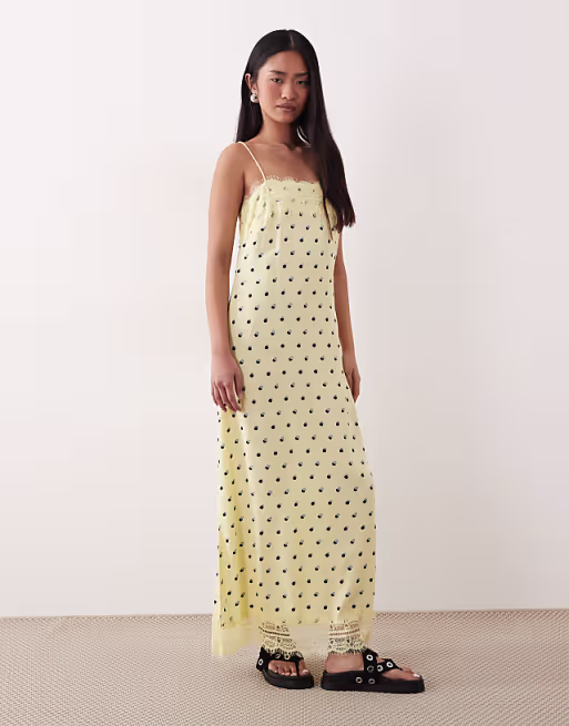 cami maxi slip dress with lace trims in buttermilk base spot print
