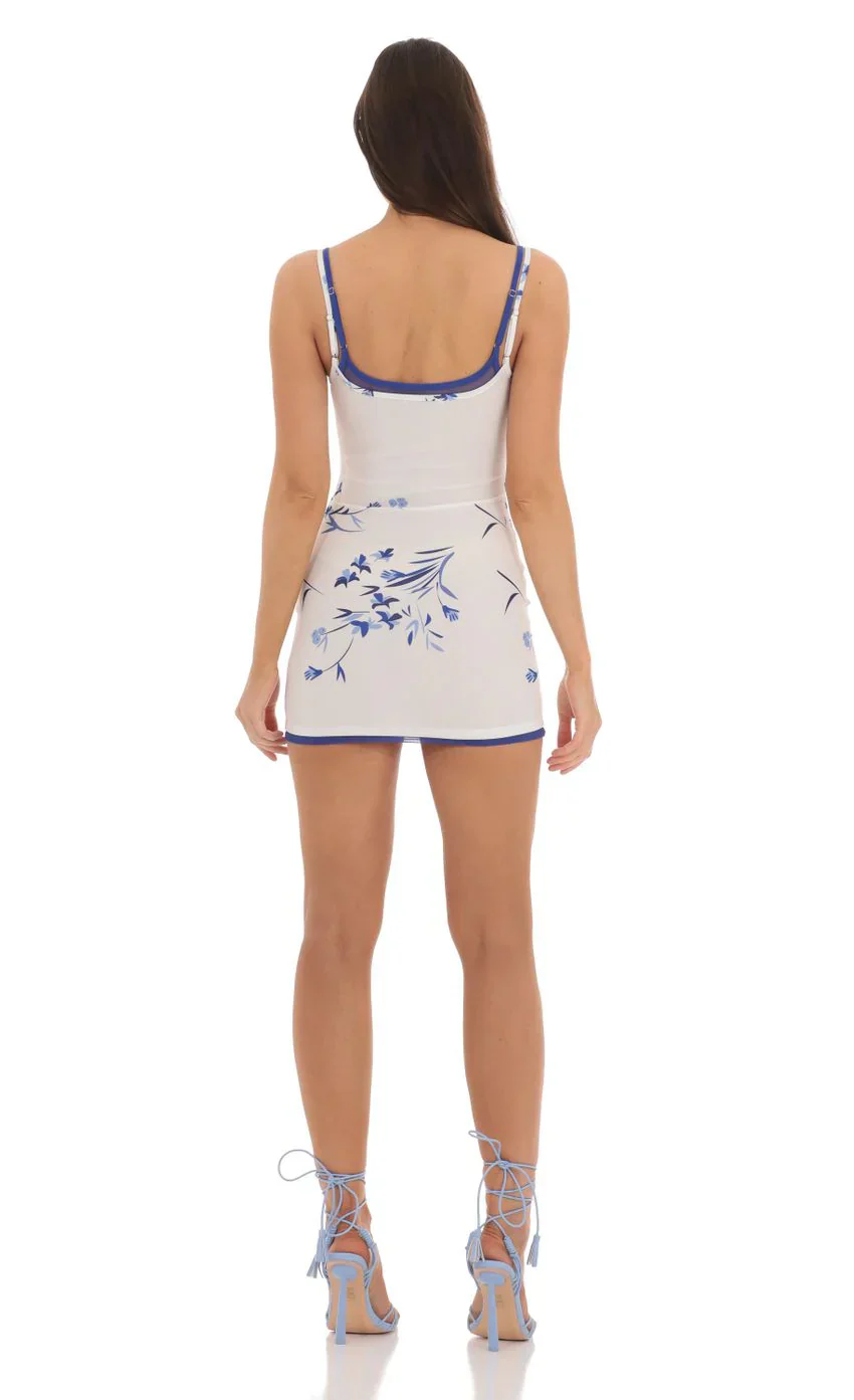 Double Strap Mesh Floral Bodycon Dress in White