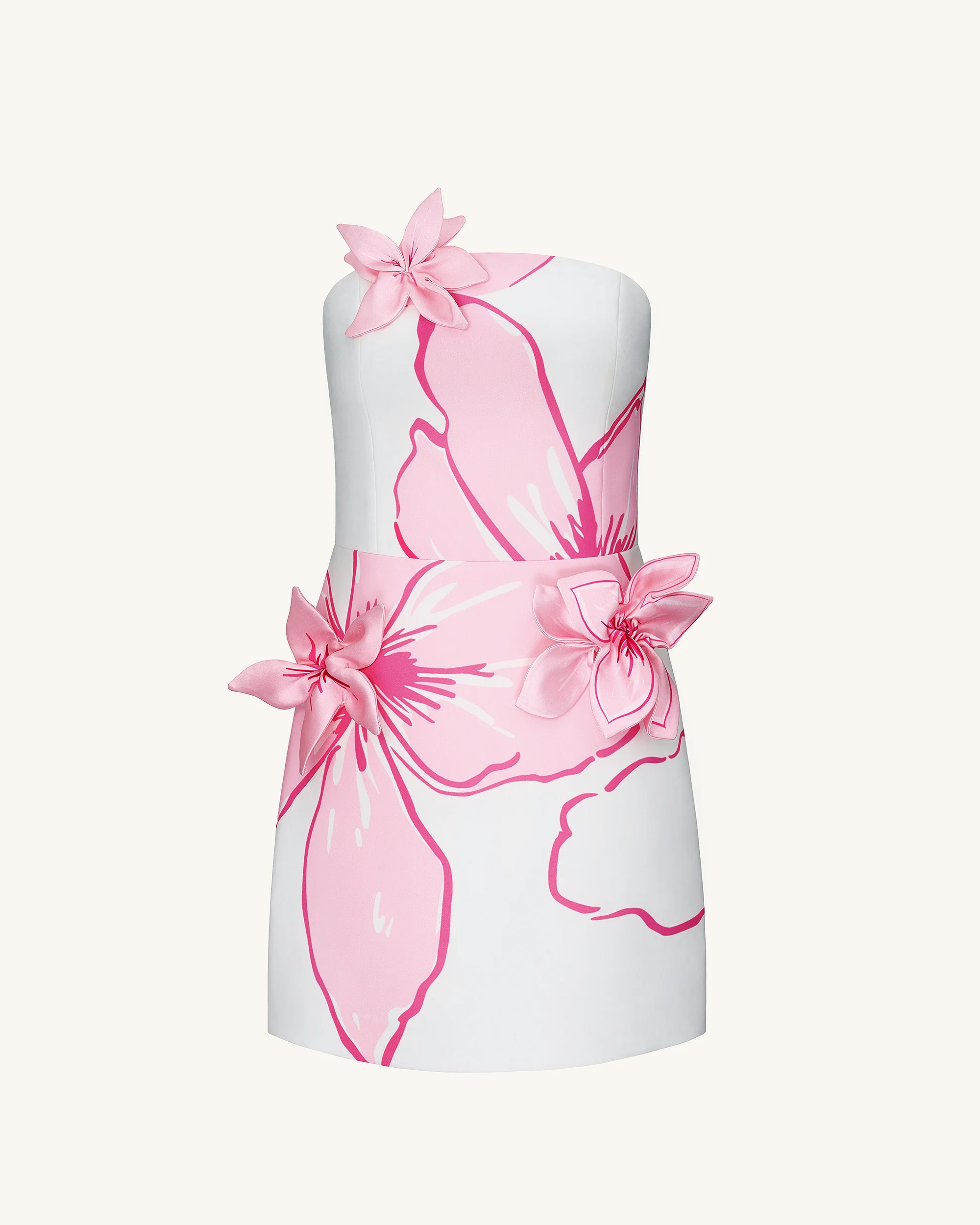 Mini Dress with Pink Floral Appliqués - White/Pink - luluinthesky