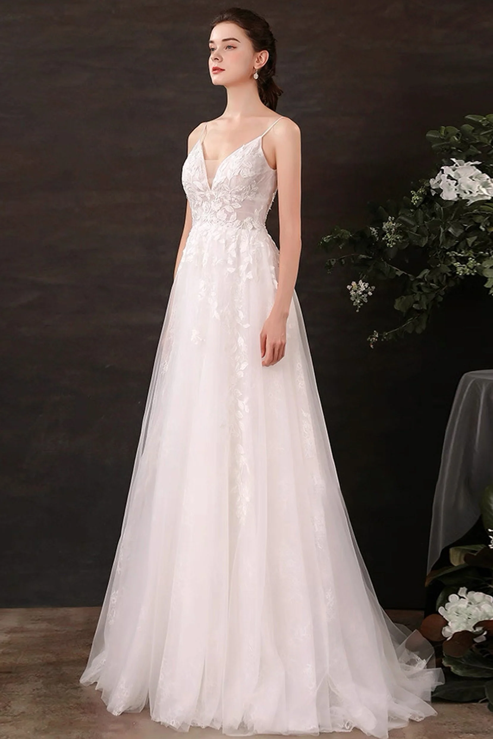 A-Line Floor Length Lace Tulle Wedding Dress CW3119