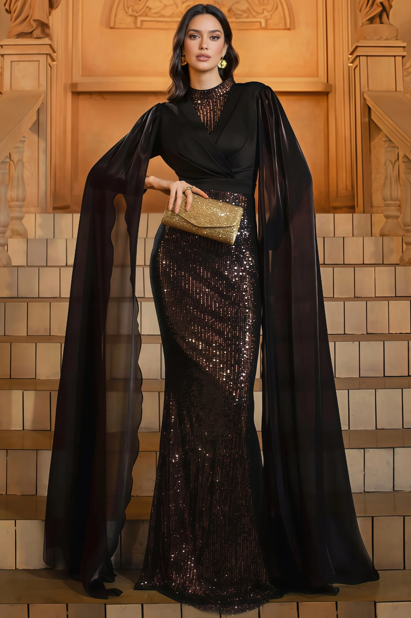 Mirt Black Round Neck Sequin Maxi Dress