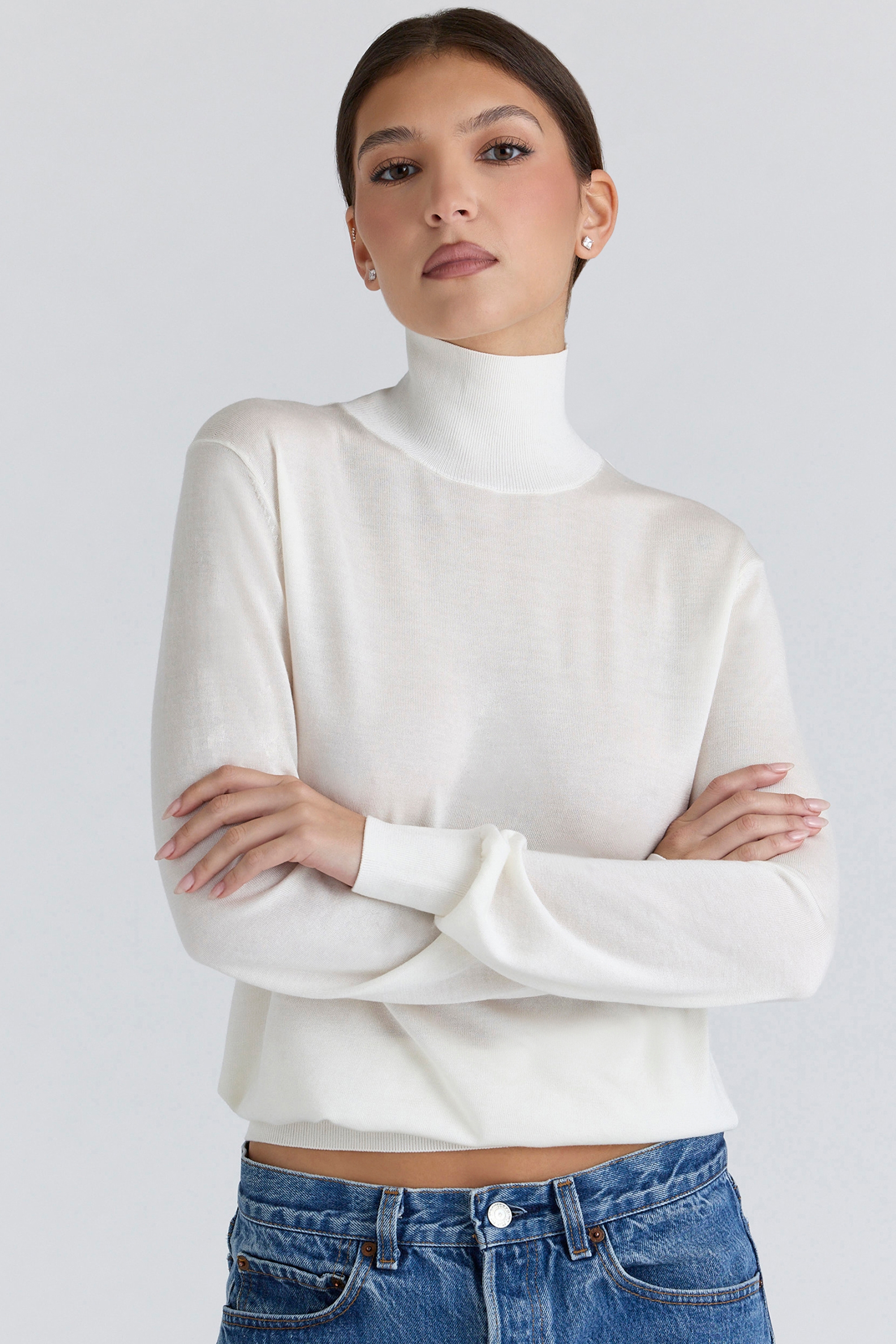 Ivory Silk + Wool Roll Neck Sweater