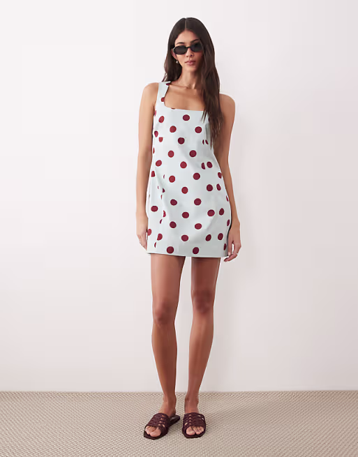 square neck bodycon mini sundress in blue and burgundy polka dots