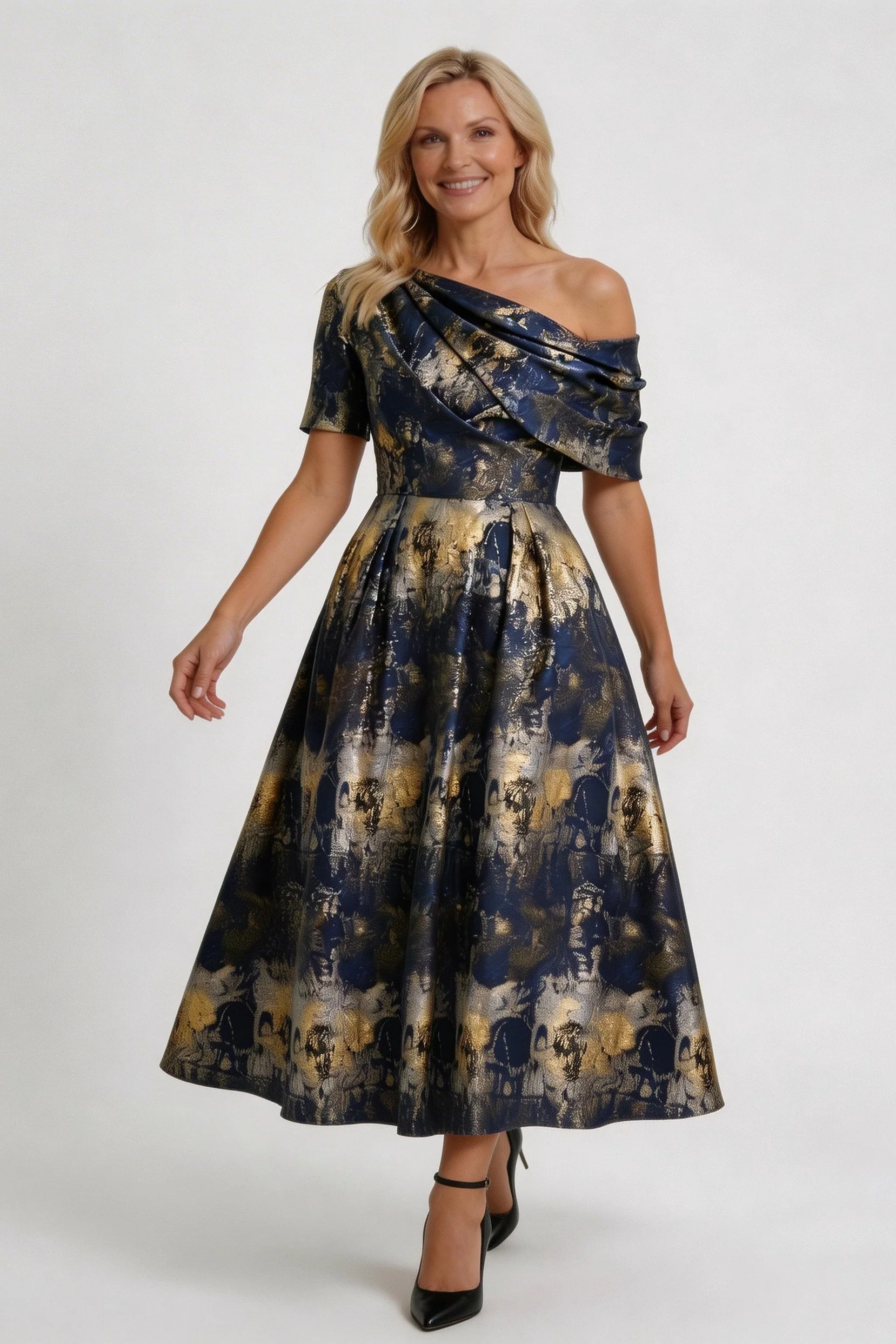 A-Line Tea-Length Jacquard Mother of the Bride Dress CM0428