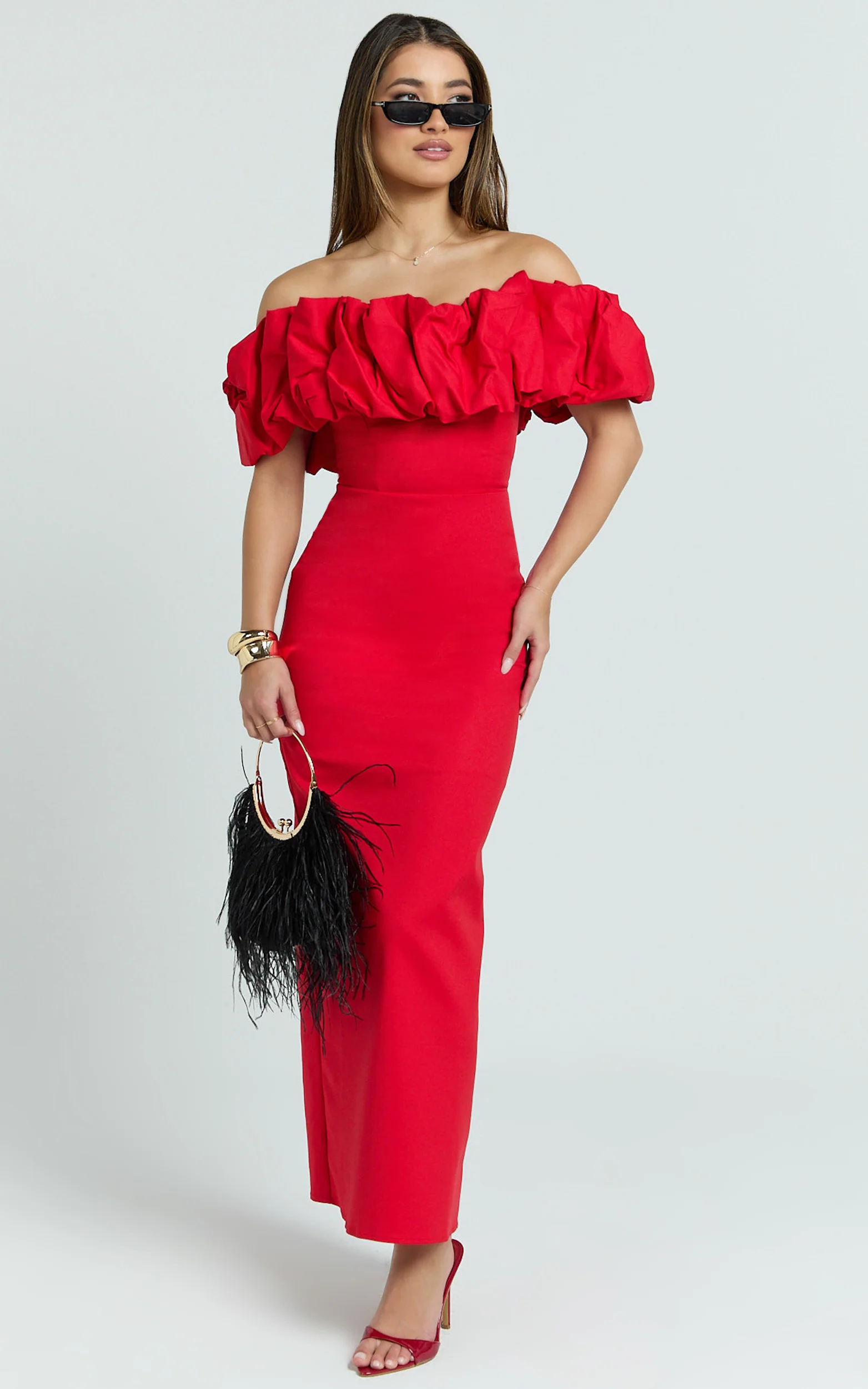 Rhaya Midi Dress - Ruffle Off Shoulder Fitted Dress in Red