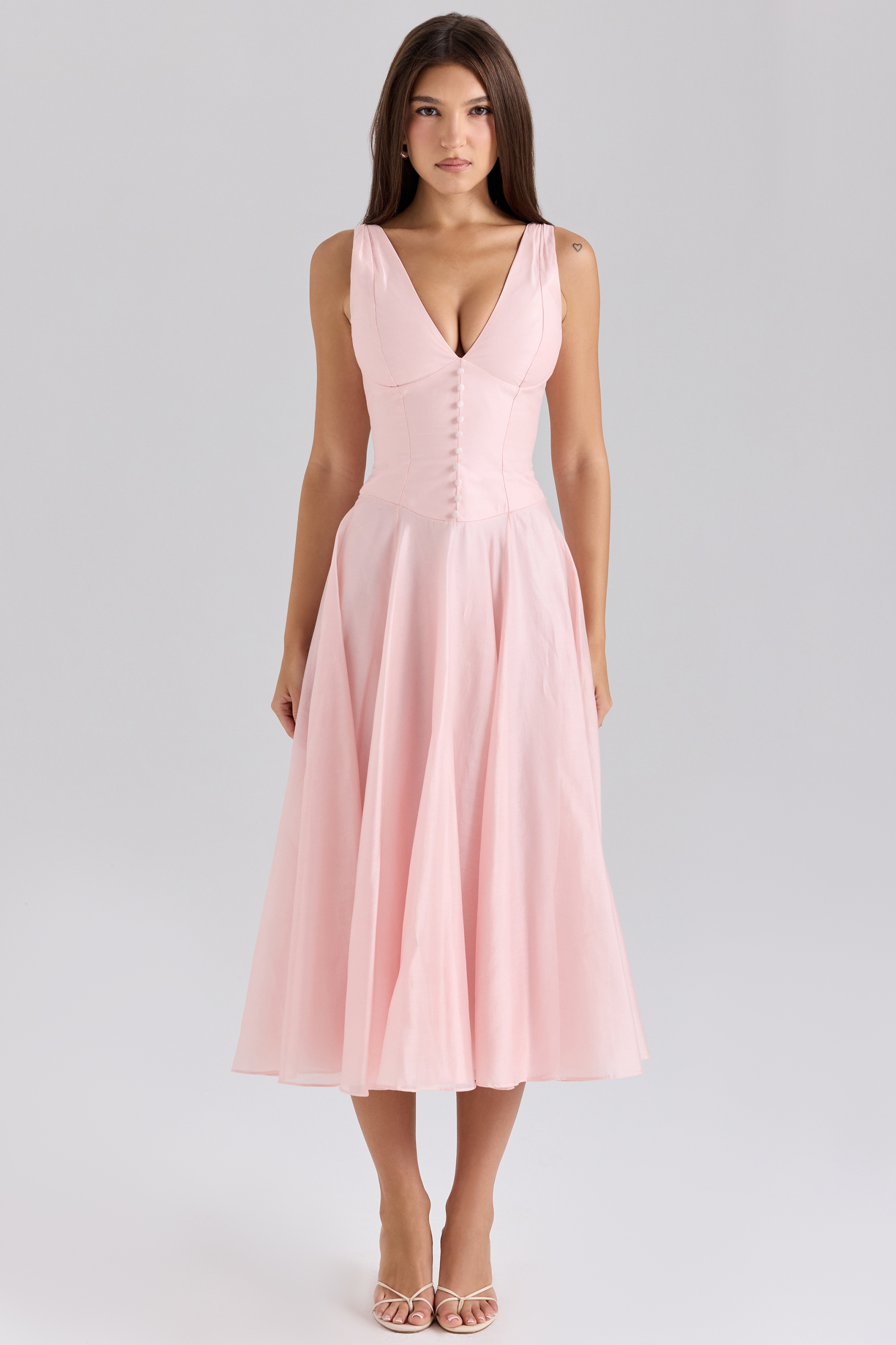 pink chiffon button midi dress