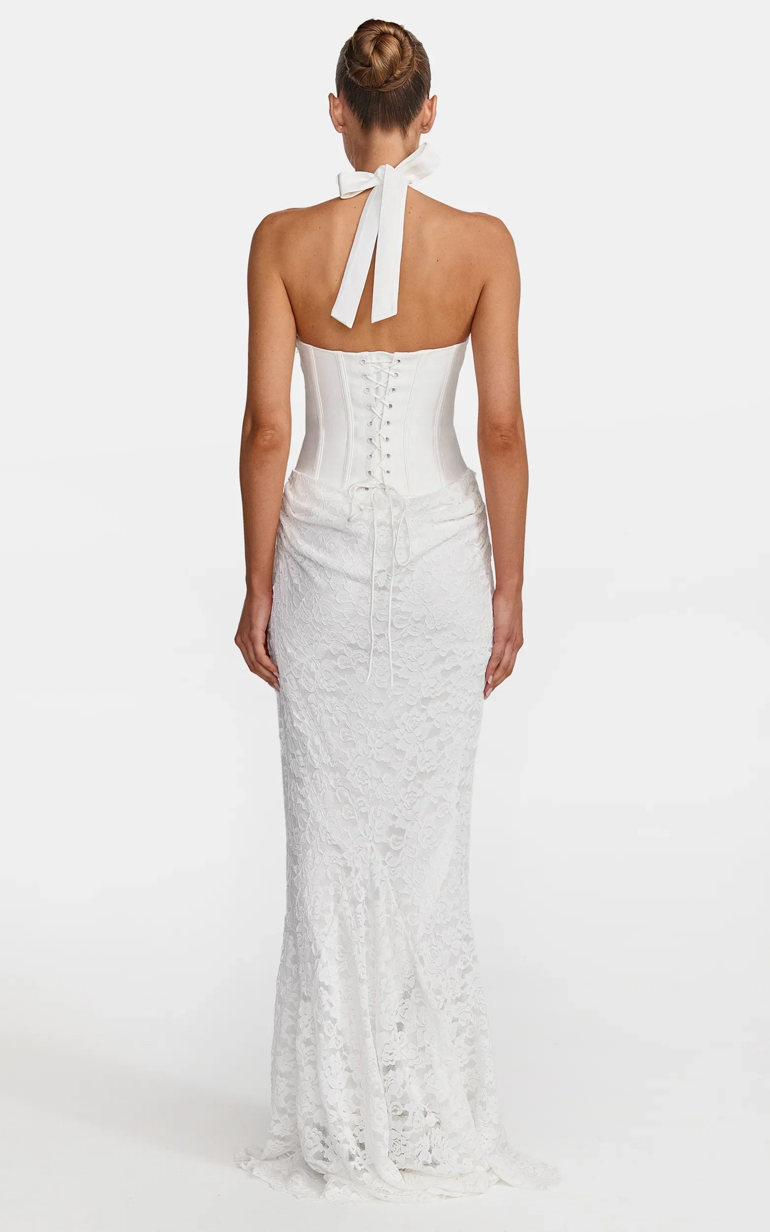 Tilly Maxi Dress - Lace Plunge Neckline Halter Dress in White