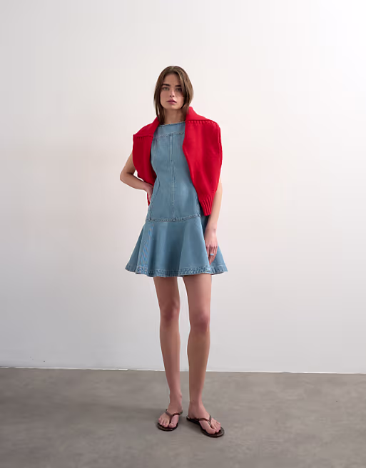 Topshop denim seamed mini dress in bleach