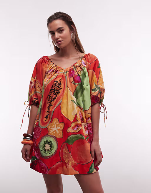 scoop neck poplin mini dress with tie sleeves in print