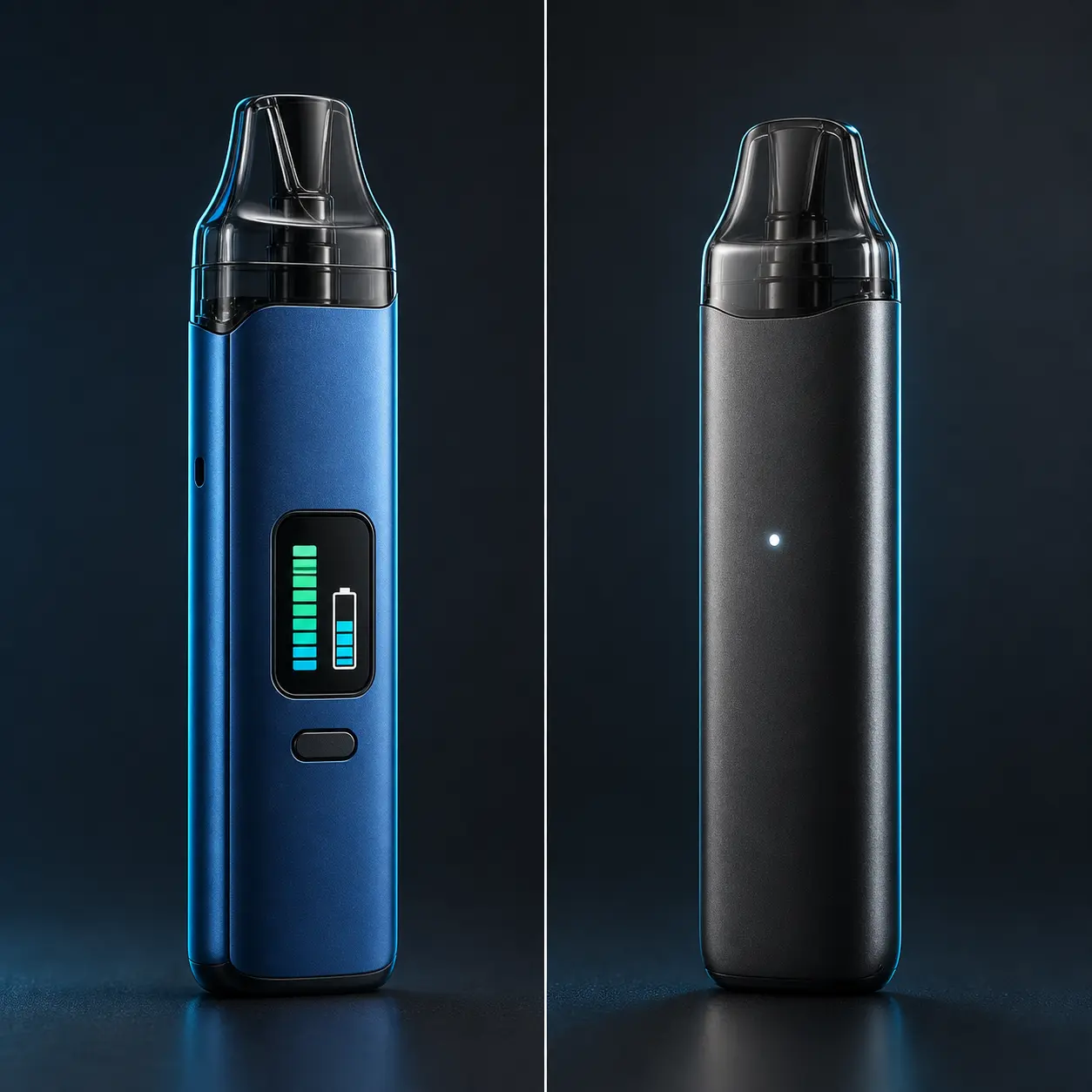 Colorful vape with a digital display beside a device with an LED indicator