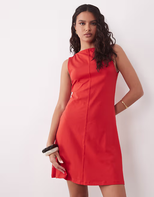 boat neck mini dress with flippy hem in red