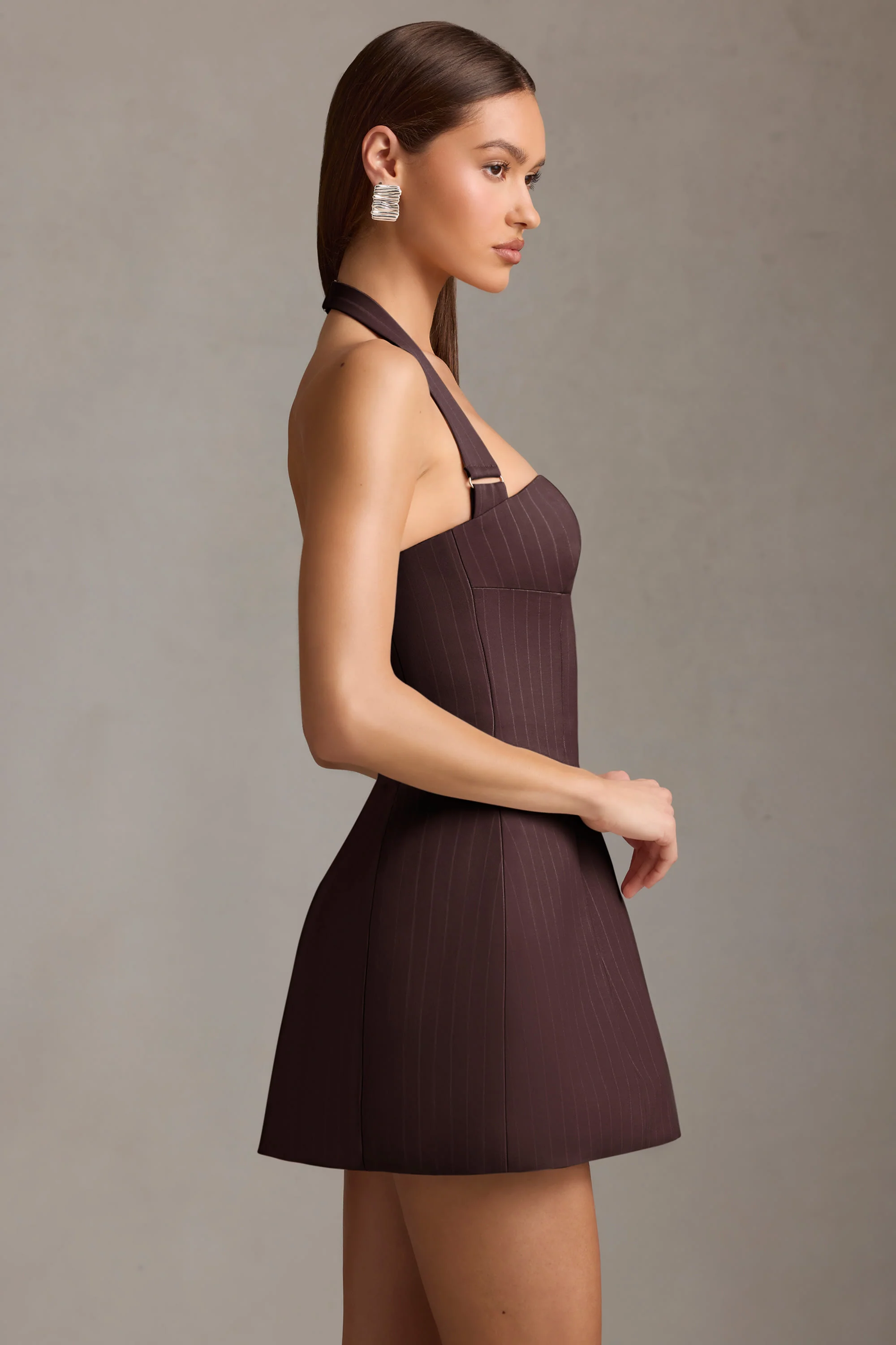 Pinstripe Halterneck Structured A-Line Mini Dress in Chocolate Brown