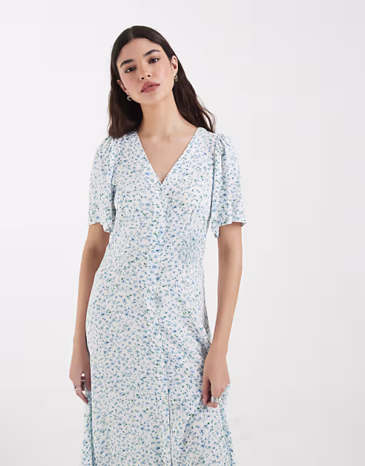 Vero Moda button down maxi dress in white and blue ditsy floral print