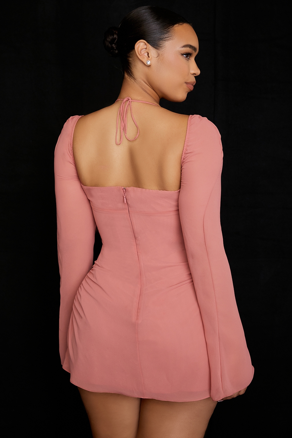 Pink Chiffon Cutout Halter Mini Dress