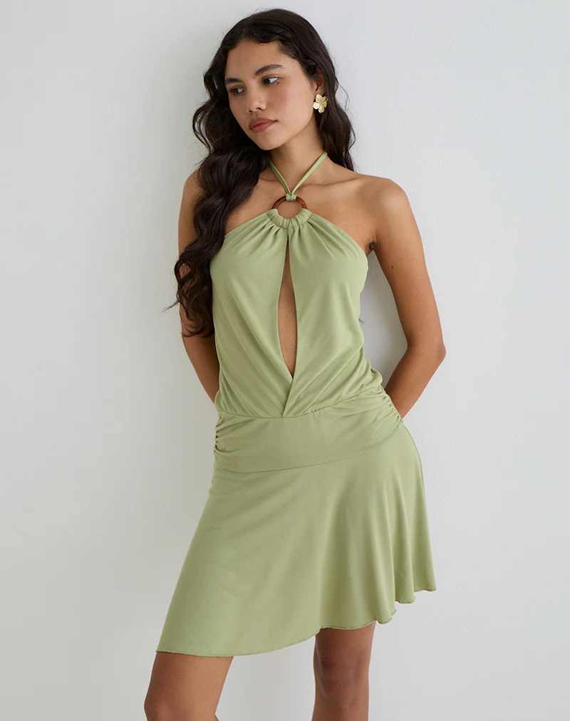 Saira Halter Neck Mini Dress in Sage