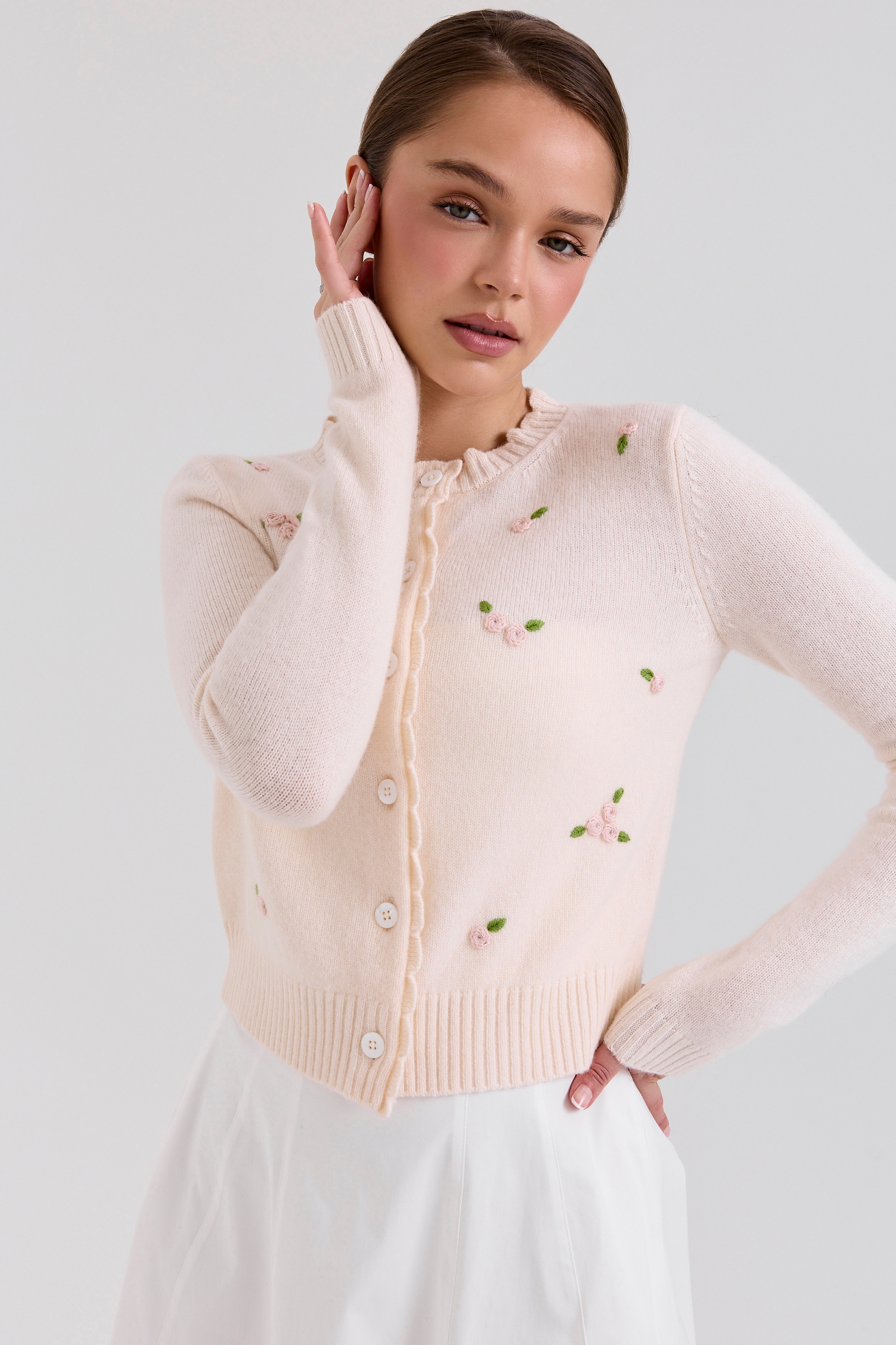 cream lambswool rose embroidered cardigan