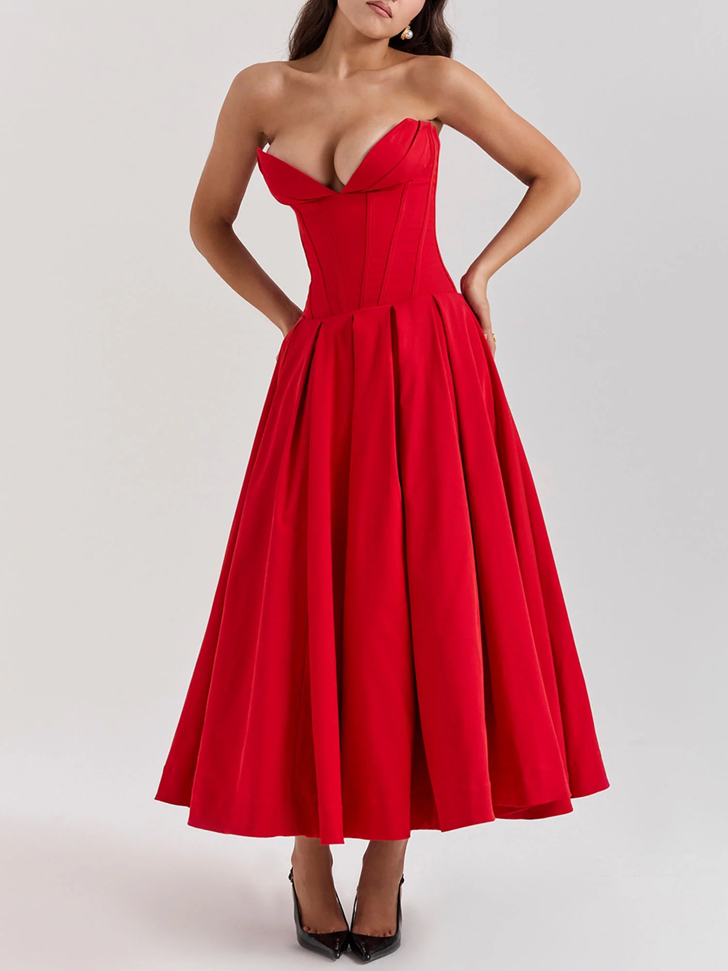 Red Strapless Fit-and-Flare Midi Dress