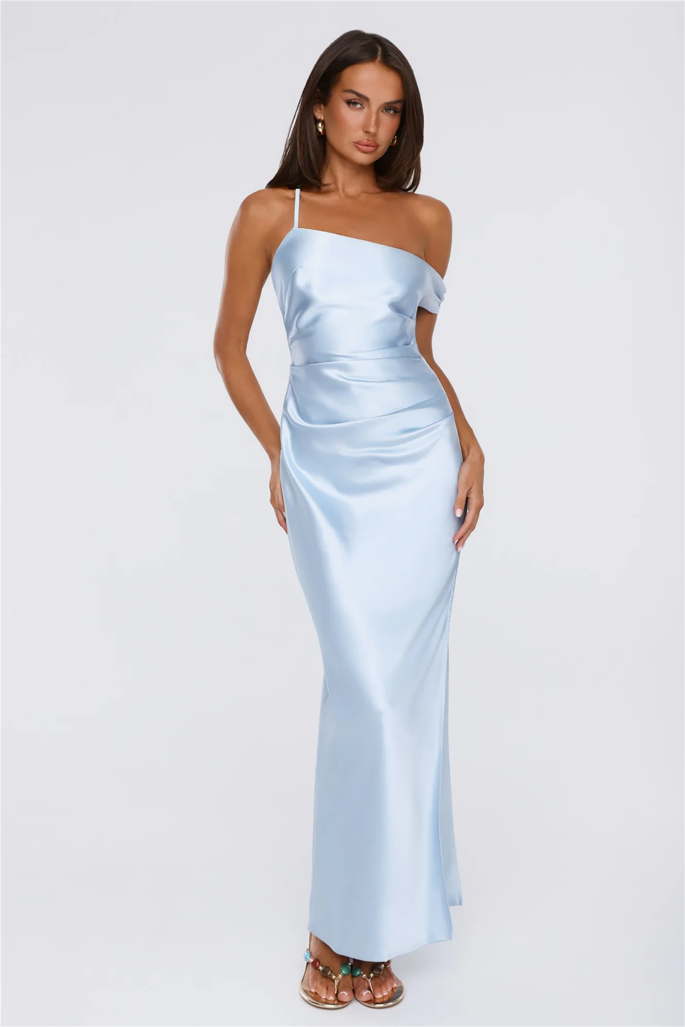 Social Diary Off Shoulder Satin Maxi Dress Blue