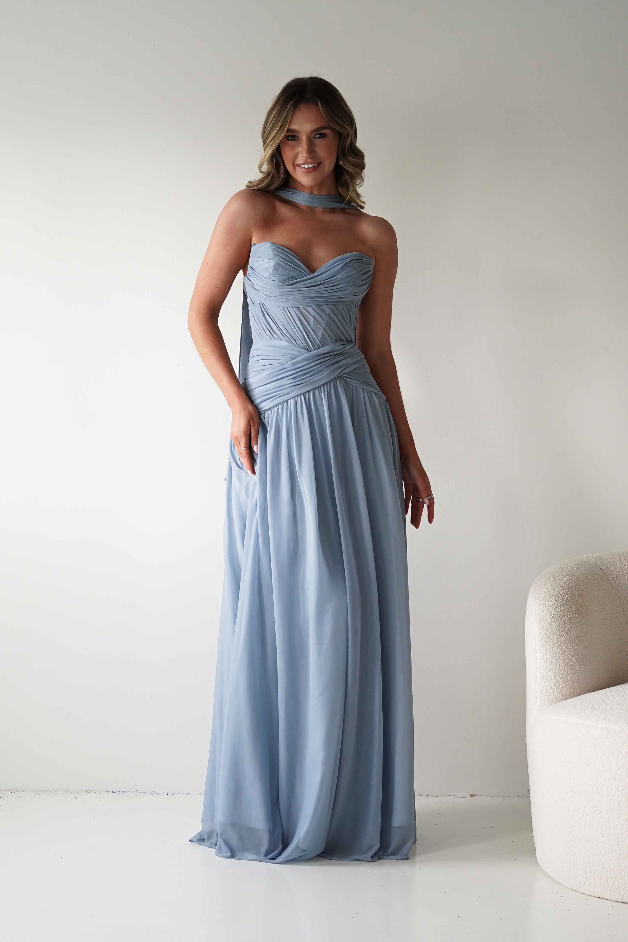 Nicolette Strapless Chiffon Maxi Gown | Dusty Blue