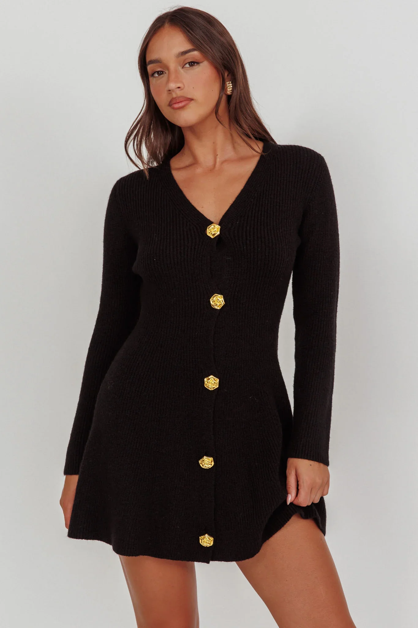 Irma Gold Button Knit Mini Dress Black