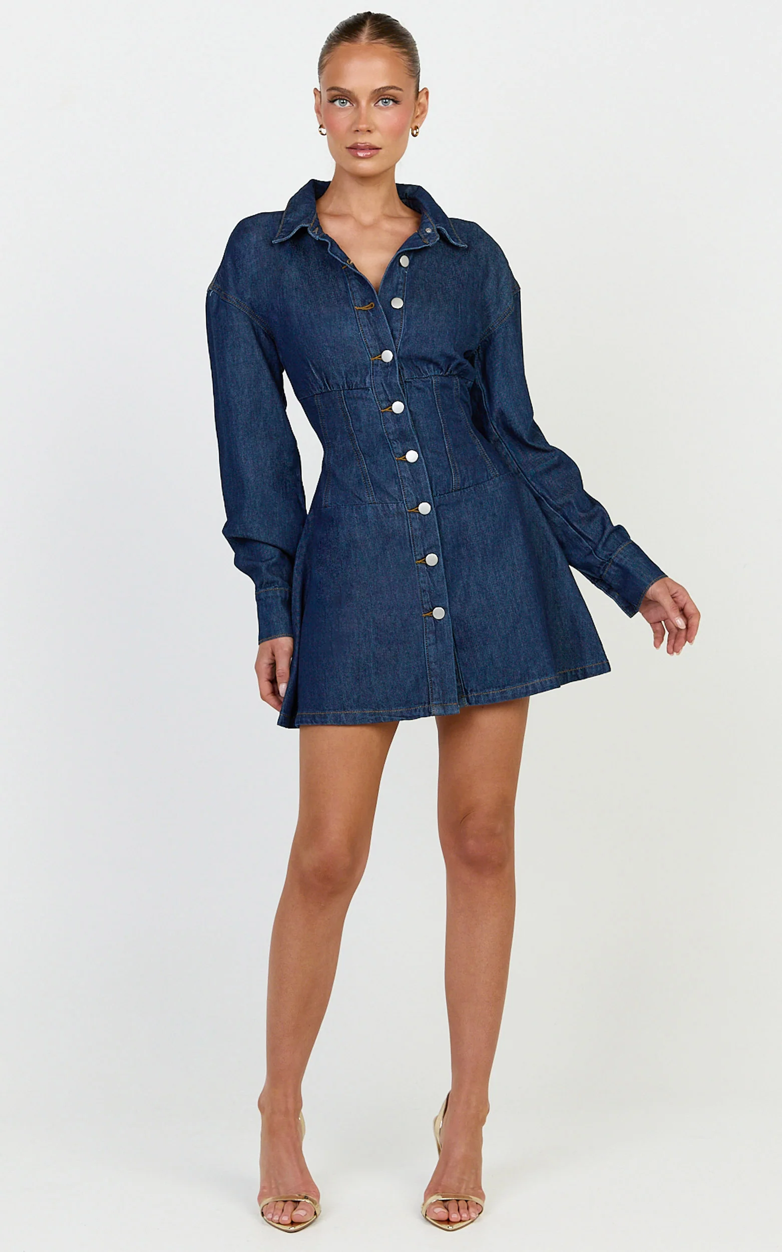 Amaris Mini Dress - Long Sleeve Corset Shirt Dress in Dark Blue Wash