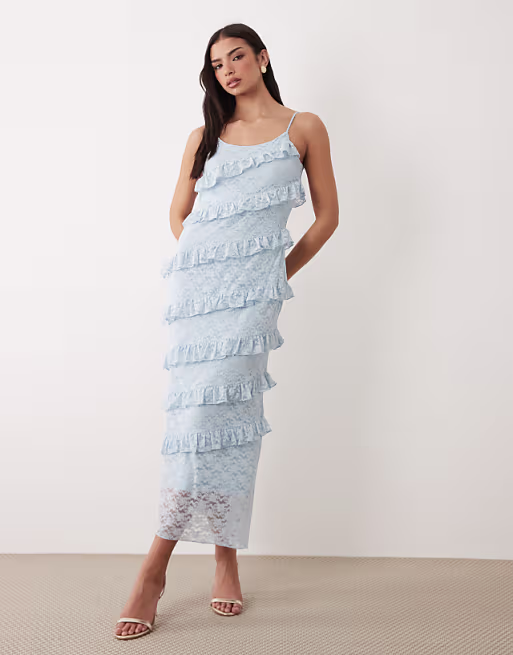 YAS lace ruffle detailing cami maxi dress in soft blue