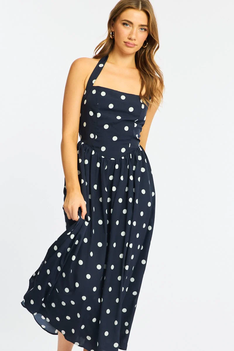 Blue Polka Dot Maxi Dress Halter Neck