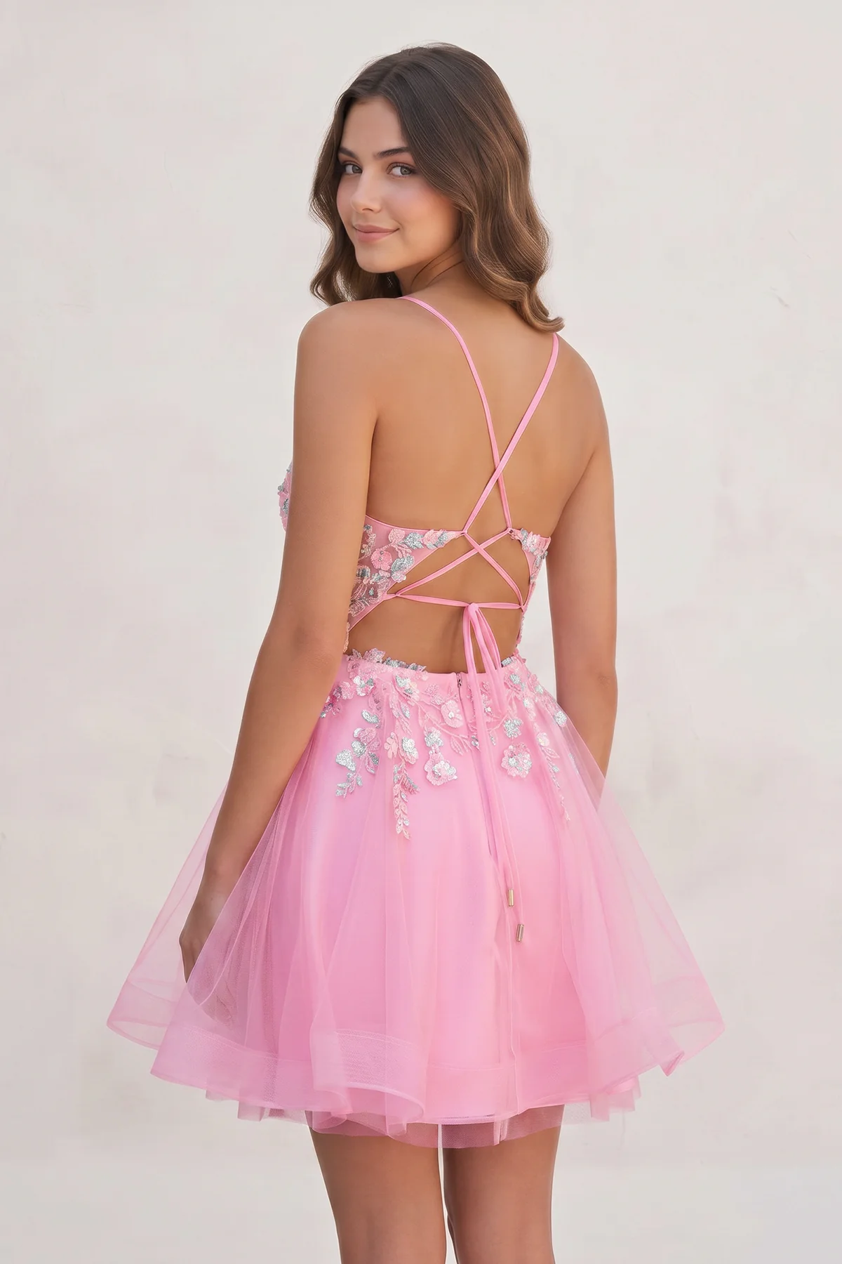 Pink - A Line V Neck Tulle Sequined Homecoming Dresses with Appliques
