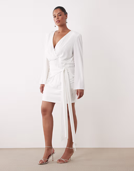 TFNC Plus slinky v-neck shoulder pads draped detailing mini dress in white