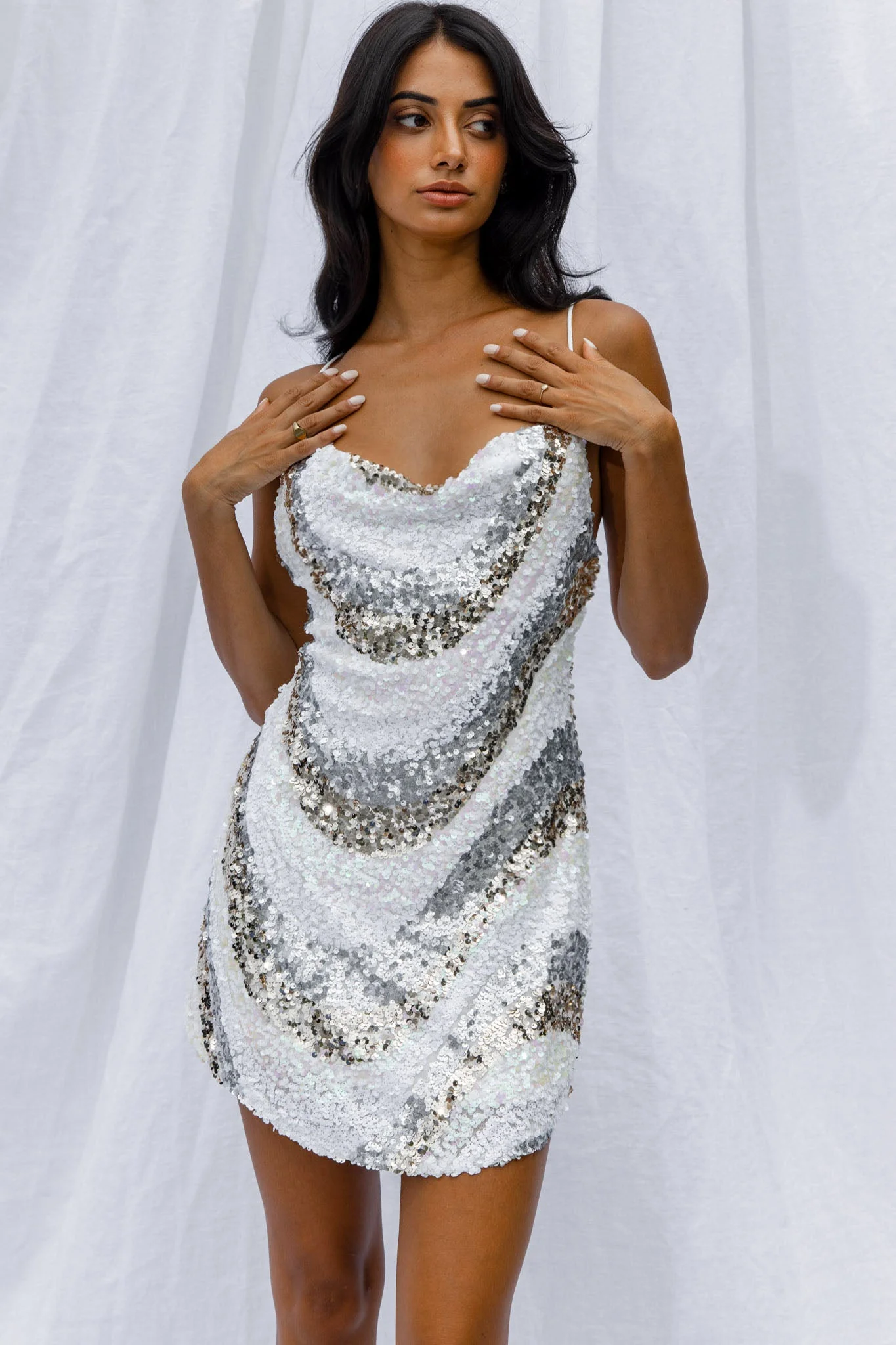 Show Me Love Cowl Neck Mini Dress Sequin Swirl White - luluinthesky