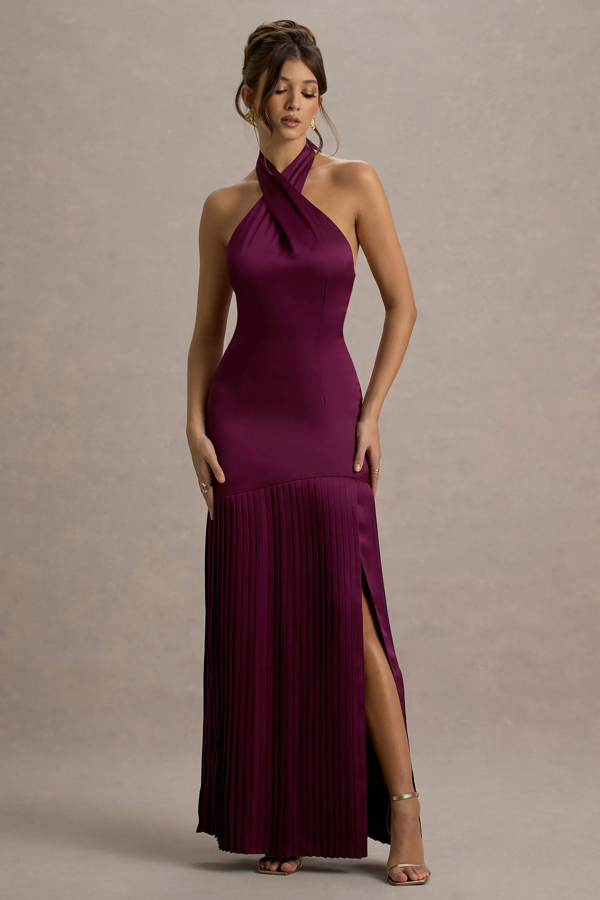 Sansa | Burgundy Satin Cross Halter-Neck Plisse Maxi Dress