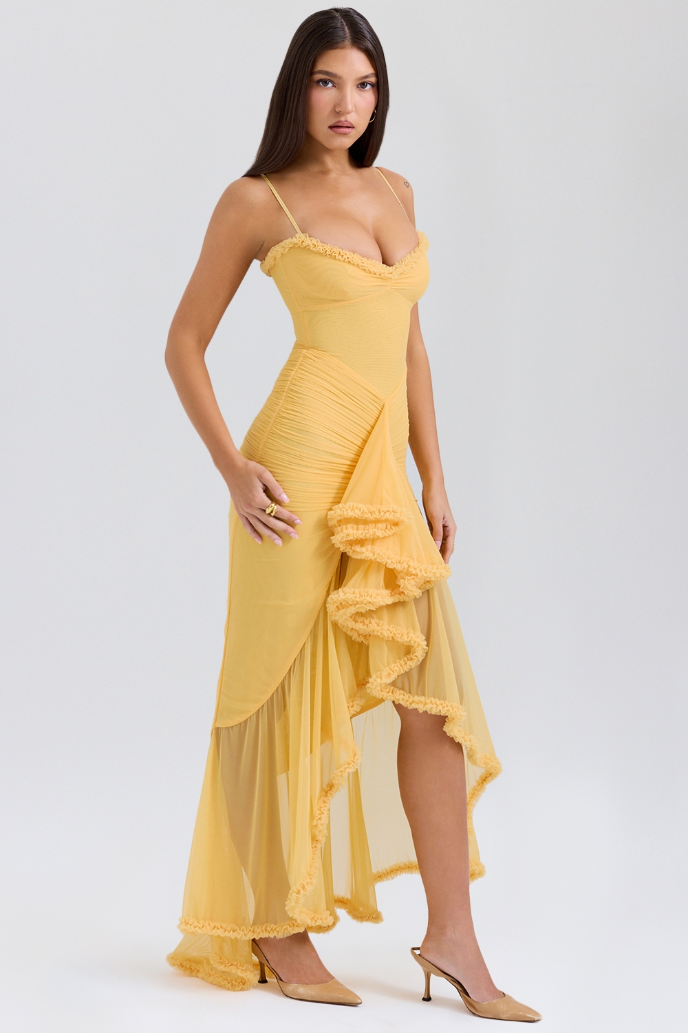 apricot ruffled front gown