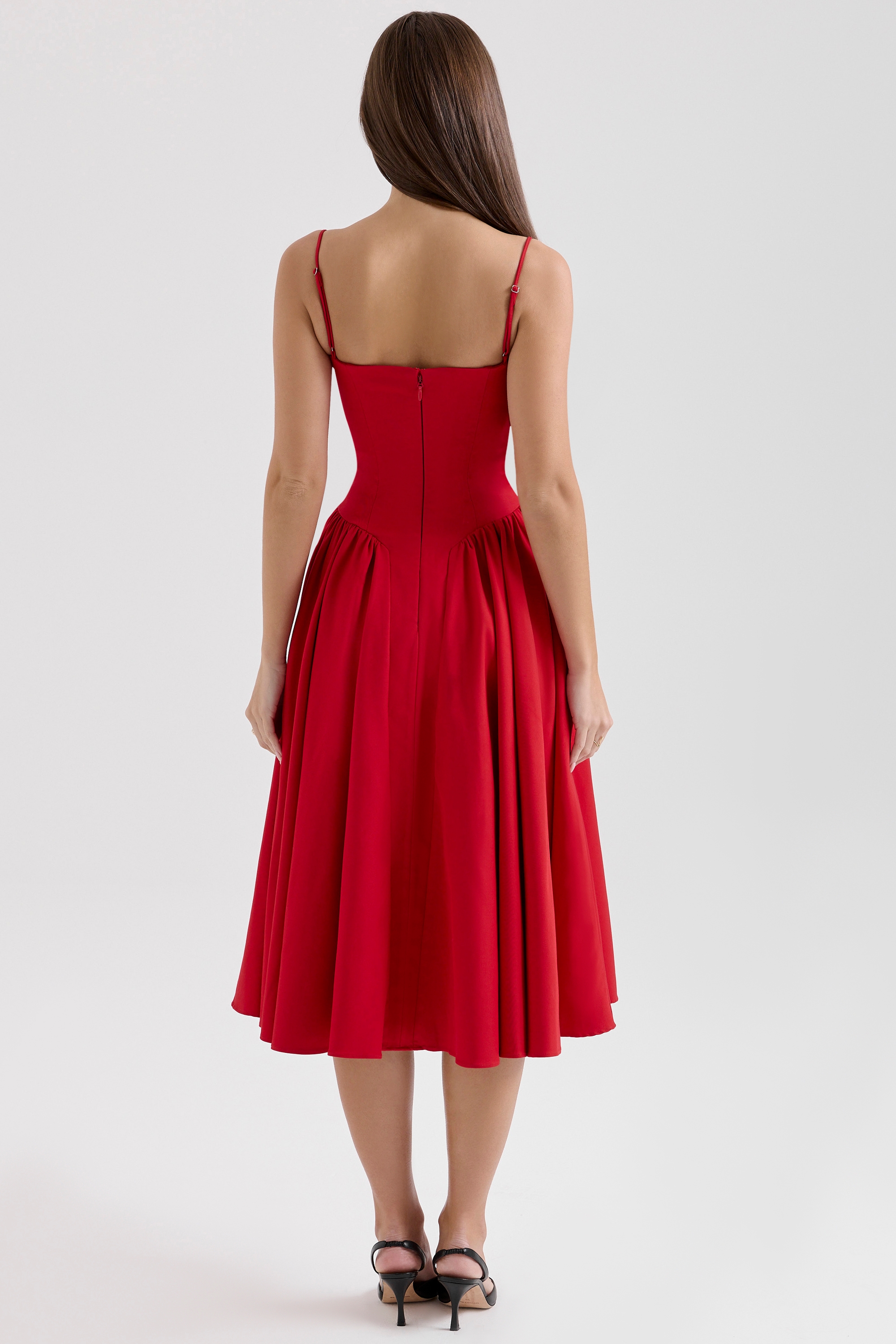 red gathered midi dress