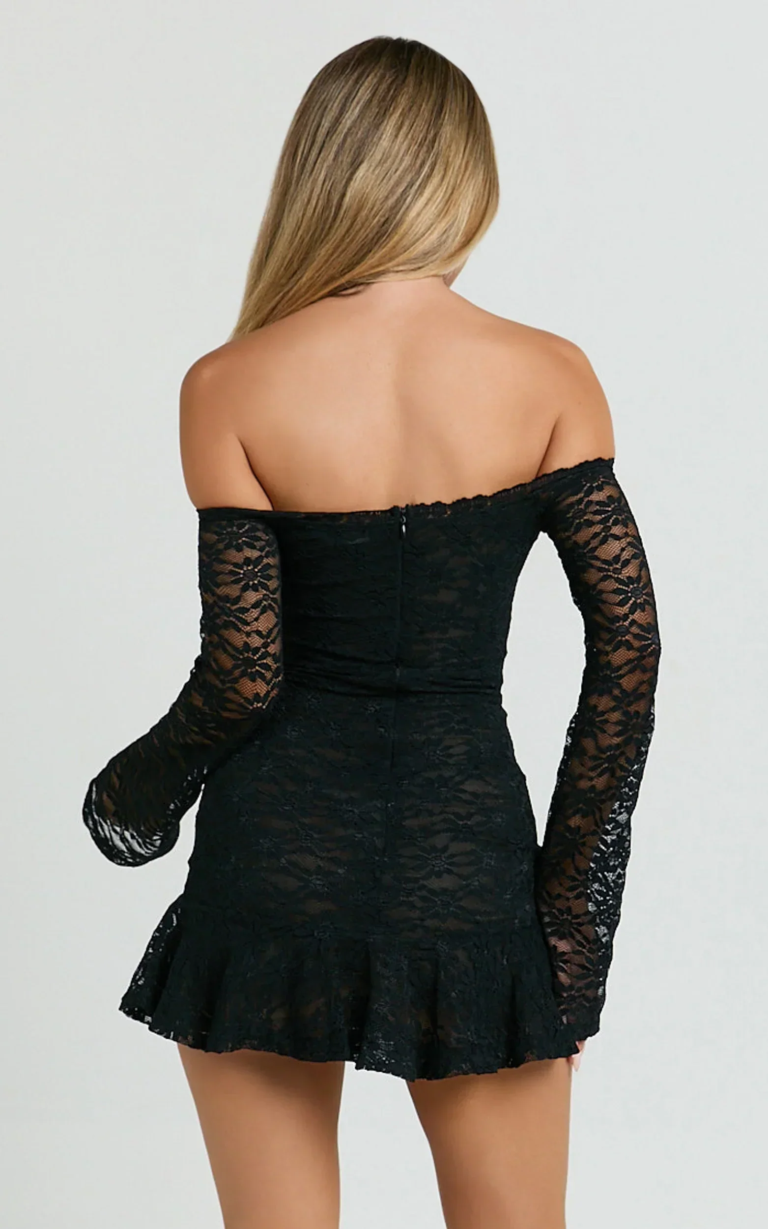 Frieda Mini Dress - Off Shoulder Flared Long Sleeve Stretch Lace Dress in Black